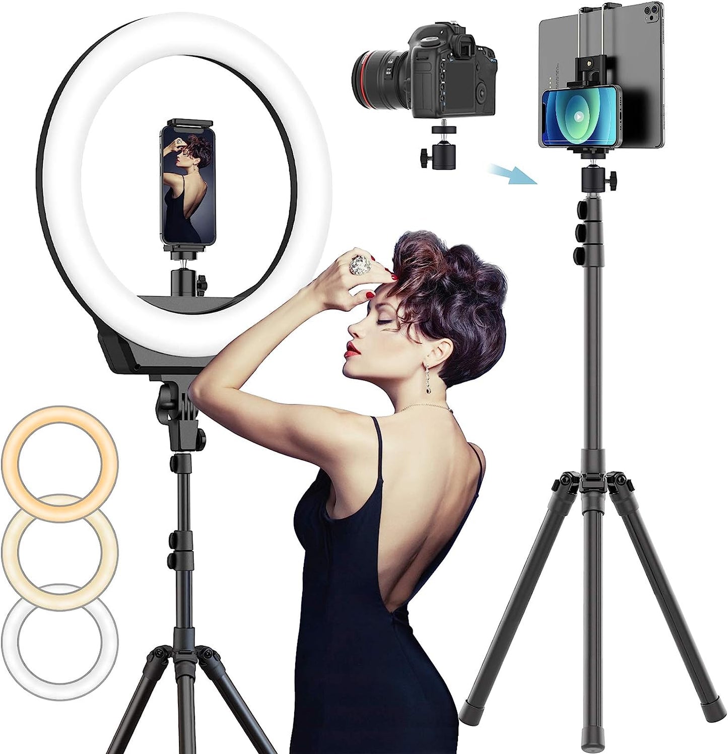 AFI 16" Selfie Ring Light with 3 Color Modes 79" Extendable Tripod Stand Phone Camera Holder, 320 Bulbs 6500K 10 Brightness Dimmable LED Carrying Bag for Photography Makeup Live Youtube Video Tiktok  AFI   