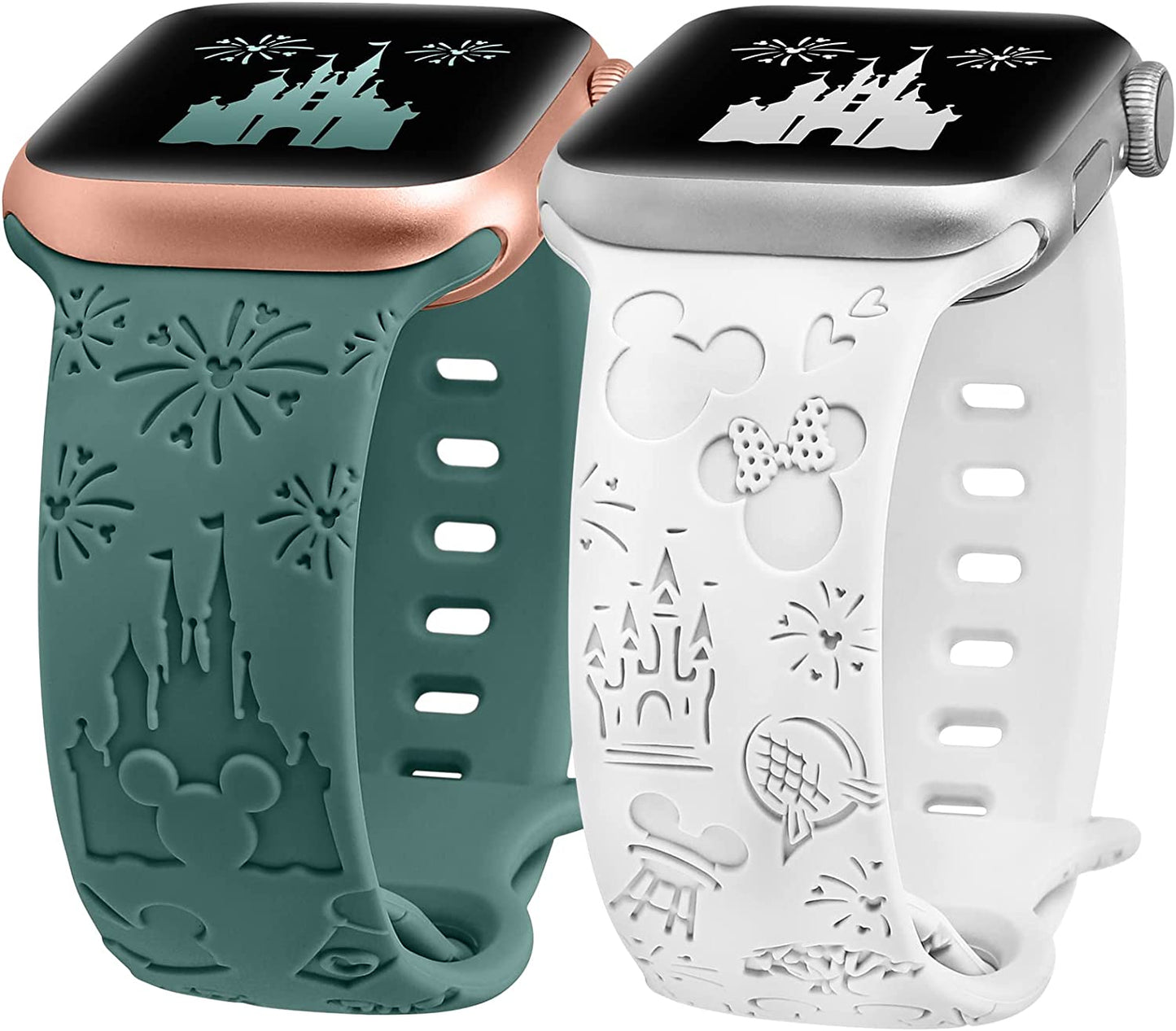 Girovo 2 Packs Cartoon Engraved Bands Compatible with Apple Watch Bands 38Mm 40Mm 41Mm 44Mm 45Mm 42Mm 49Mm Women, Cute Anime Designer Soft Silicone Strap for Iwatch Series 8/7/6/5/4/3/2/1/Se/Ultra  Girovo White & Green 42/44/45/49mm 