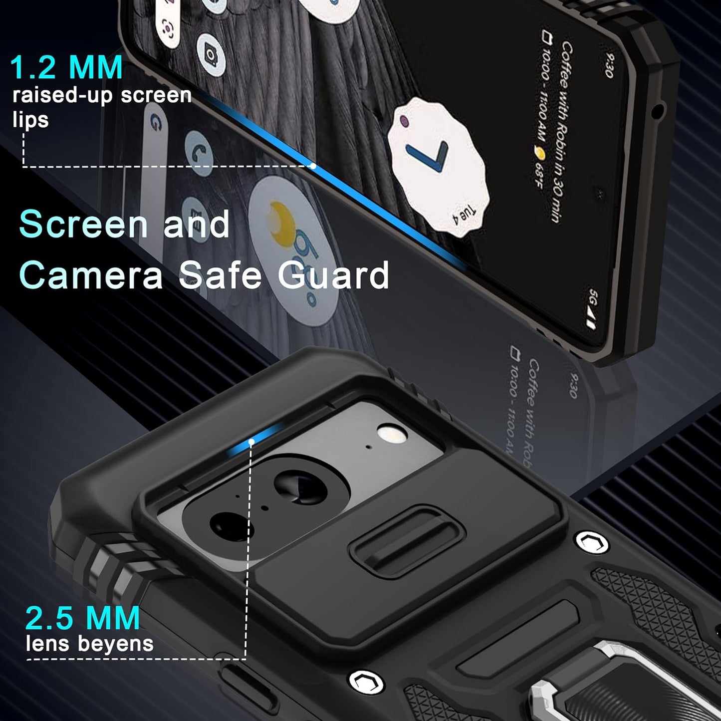 DEERLAMN for Google Pixel 8 Case with Slide Camera Cover+Screen Protector (1 Pack), Rotated Ring Kickstand Military Grade Shockproof Heavy Duty Protective Cover -Black  DEERLAMN   