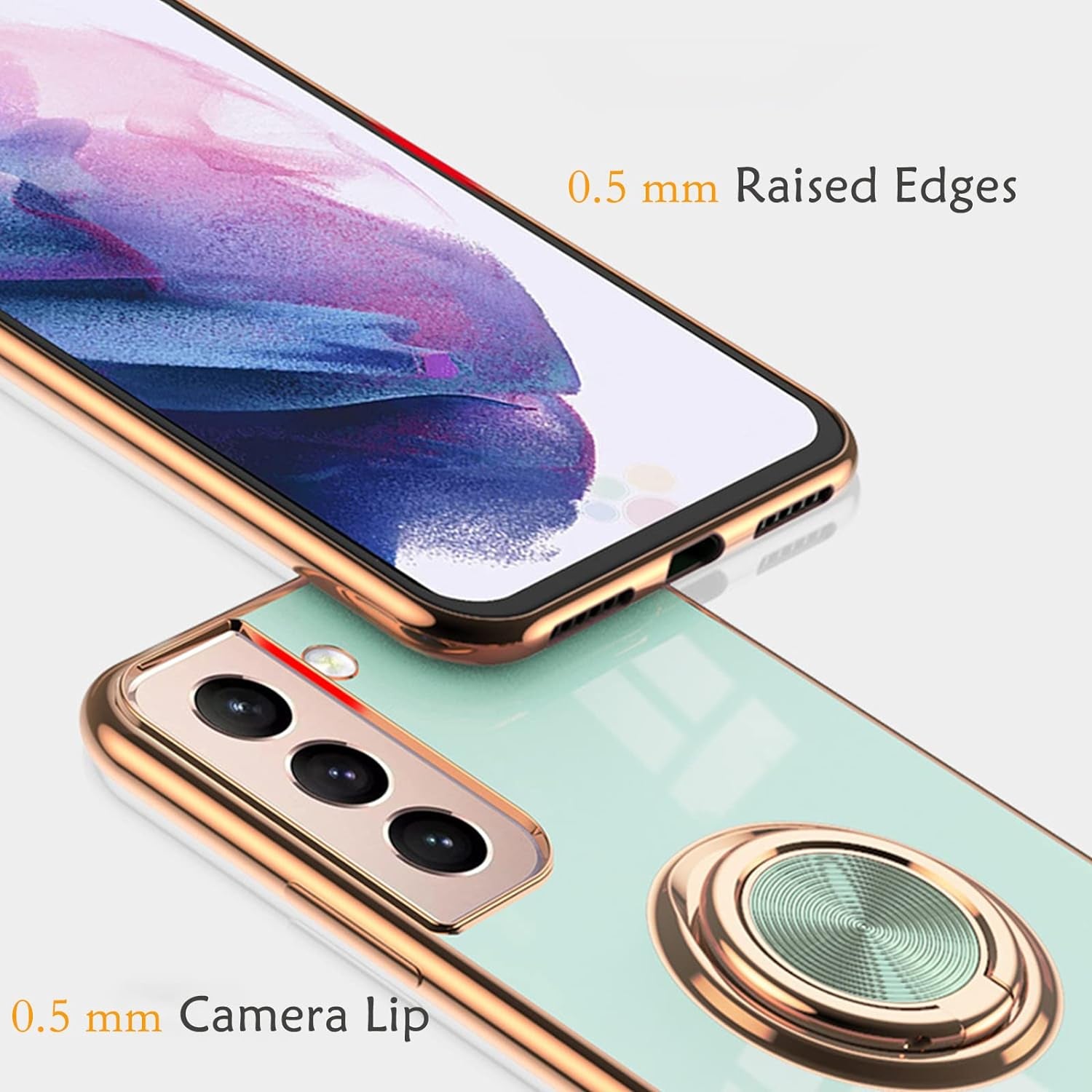 Aowner for Samsung Galaxy S21 Ultra Ring Holder Case Shiny Plating Rose Gold Edge 360 Degree Rotation Kickstand for Women Girls Slim Soft Flexible TPU Protective Cover Case, 6.8 Inch, Teal  aowner   