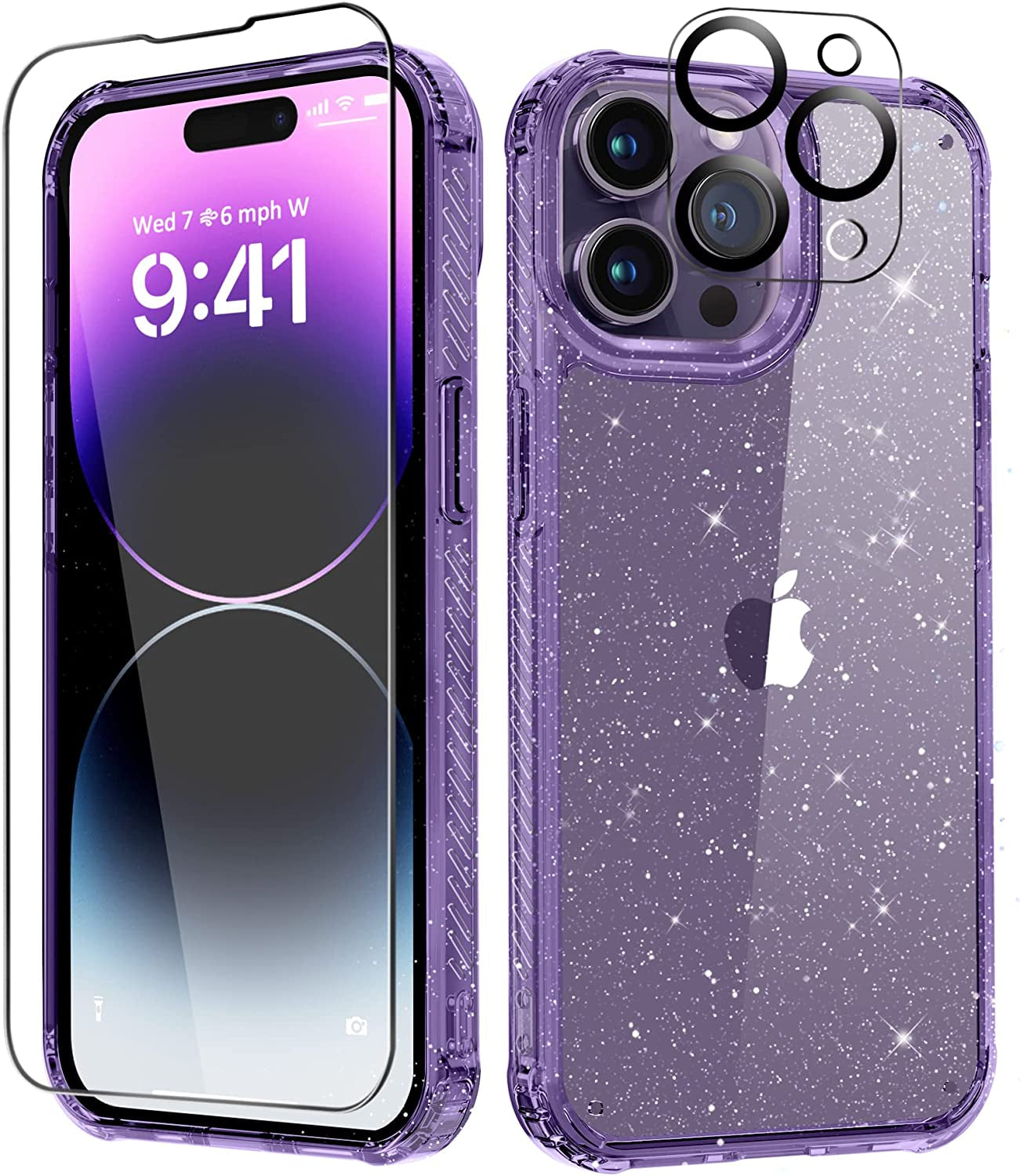 MIODIK for Iphone 14 Pro Max Case Clear Glitter, with Screen Protector + Camera Protector, [Military-Grade Protective] [Non-Yellowing] Slim Shockproof Women Cute Bumper Cover 6.7" 2022 (Light Purple)  MIODIK   