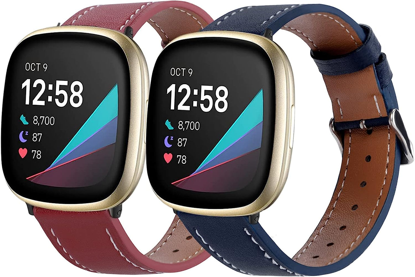 2 Pack Leather Bands Compatible with Fitbit Versa 3 Bands/Fitbit Sense Bands for Women Men, Classic Soft Leather Replacement Wristbands Strap for Fitbit Versa 3 / Fitbit Sense  POHNUI Wine Red & Dark Blue  