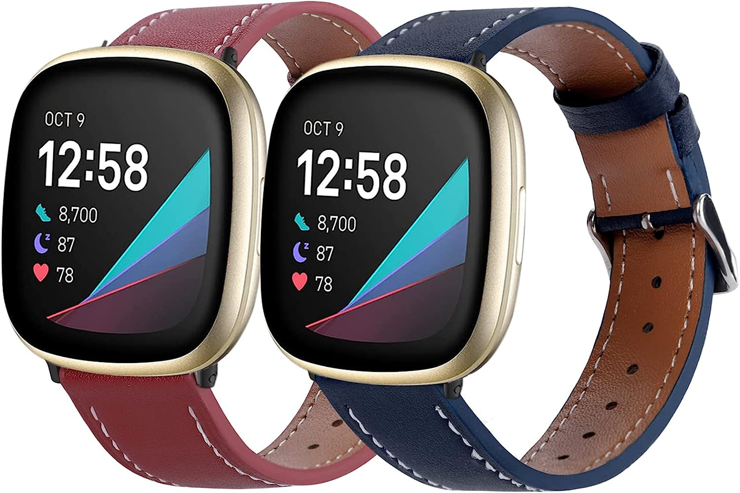2 Pack Leather Bands Compatible with Fitbit Versa 3 Bands/Fitbit Sense Bands for Women Men, Classic Soft Leather Replacement Wristbands Strap for Fitbit Versa 3 / Fitbit Sense  POHNUI Wine Red & Dark Blue  