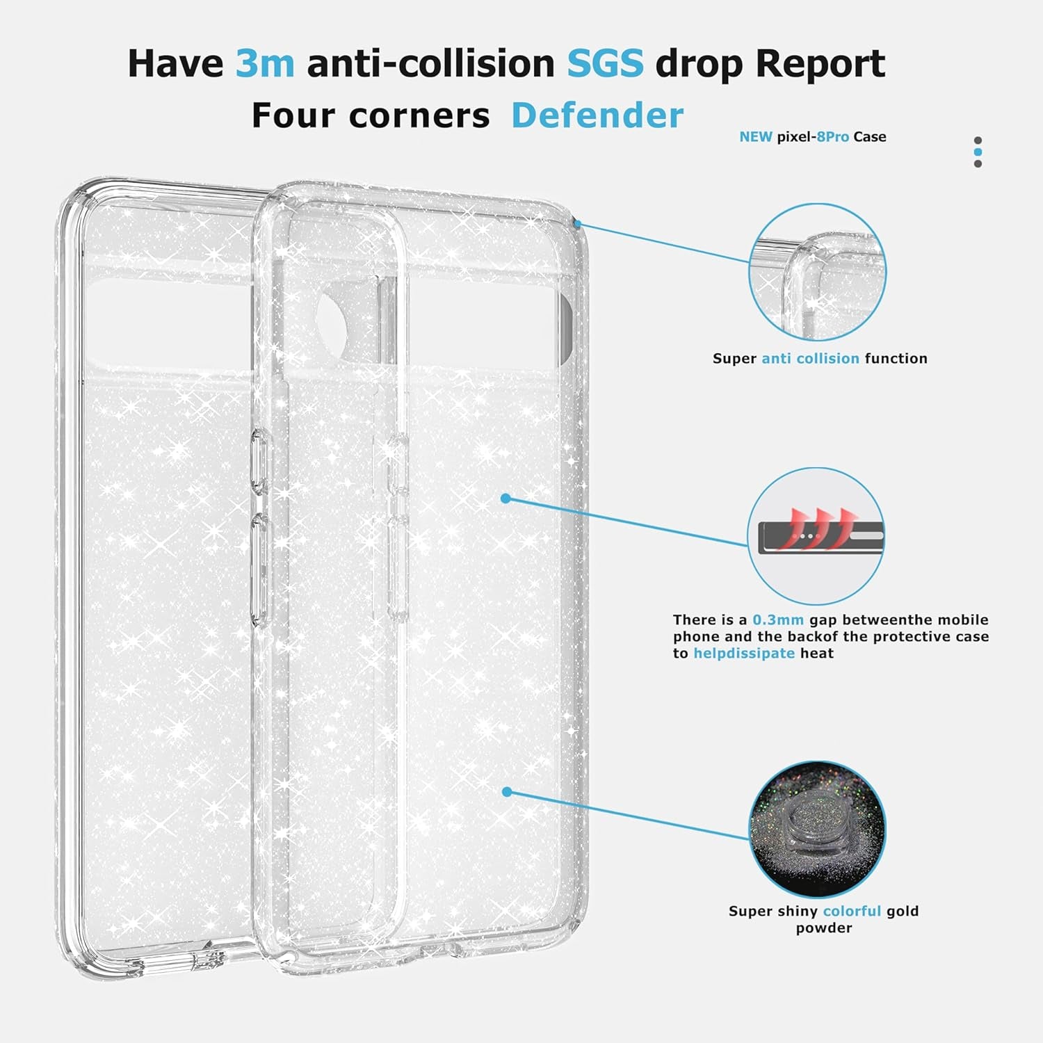 WATACHE for for Google Pixel 8 Pro Case, Cute Phone Case Shockproof Protective Bumper Slim Case for Pixel 8 Pro Case, Clear Glitter  WATACHE   