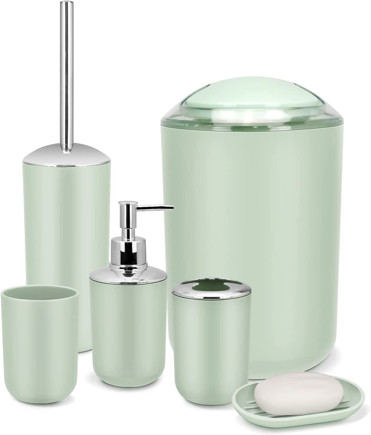 IMAVO Bathroom Accessories Set, 6-Piece Plastic Gift Set, Toothbrush Holder, Toothbrush Cup, Soap Dispenser, Soap Dish, Toilet Brush Holder, Trash Can (Grey)  IMAVO Green  