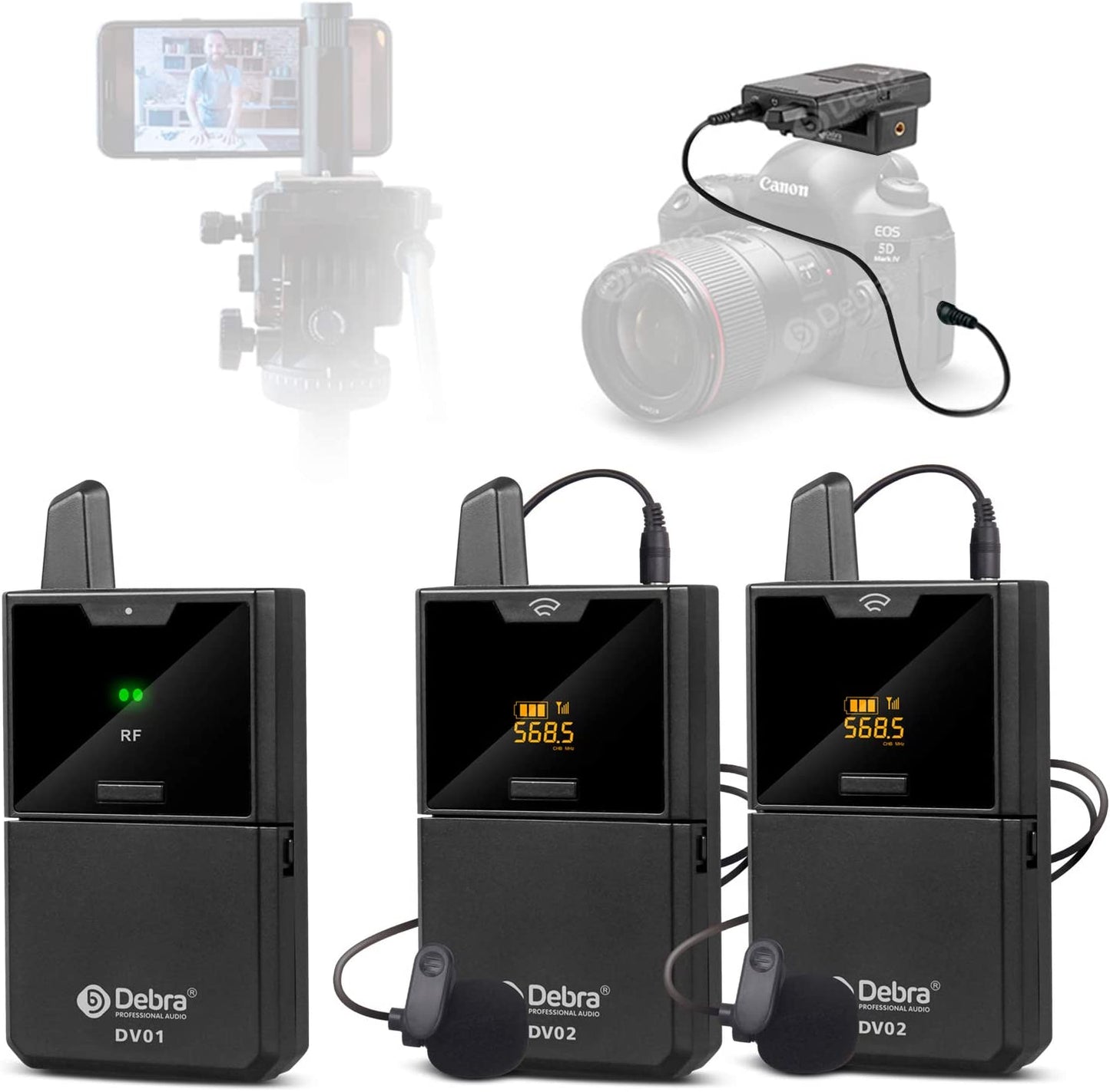 D Debra New Version DV UHF Wireless Lavalier Microphone with Remote Real-Time Sound Monitor for DSLR Camera Vlog Phone Interview Live Recording, Wireless Lapel Microphone (DV-02 Dual Mics)  D Debra   