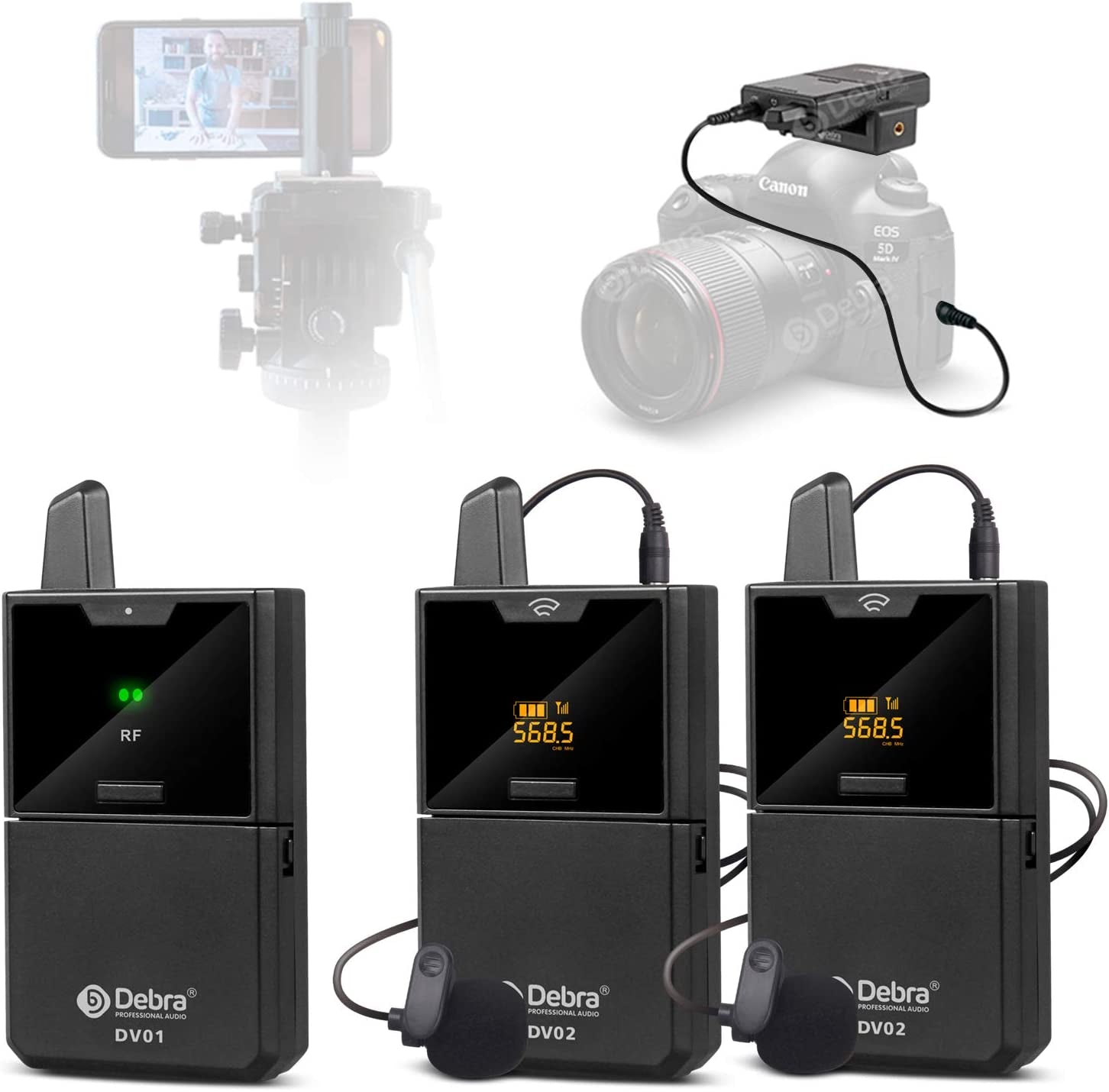 D Debra New Version DV UHF Wireless Lavalier Microphone with Remote Real-Time Sound Monitor for DSLR Camera Vlog Phone Interview Live Recording, Wireless Lapel Microphone (DV-02 Dual Mics)  D Debra   