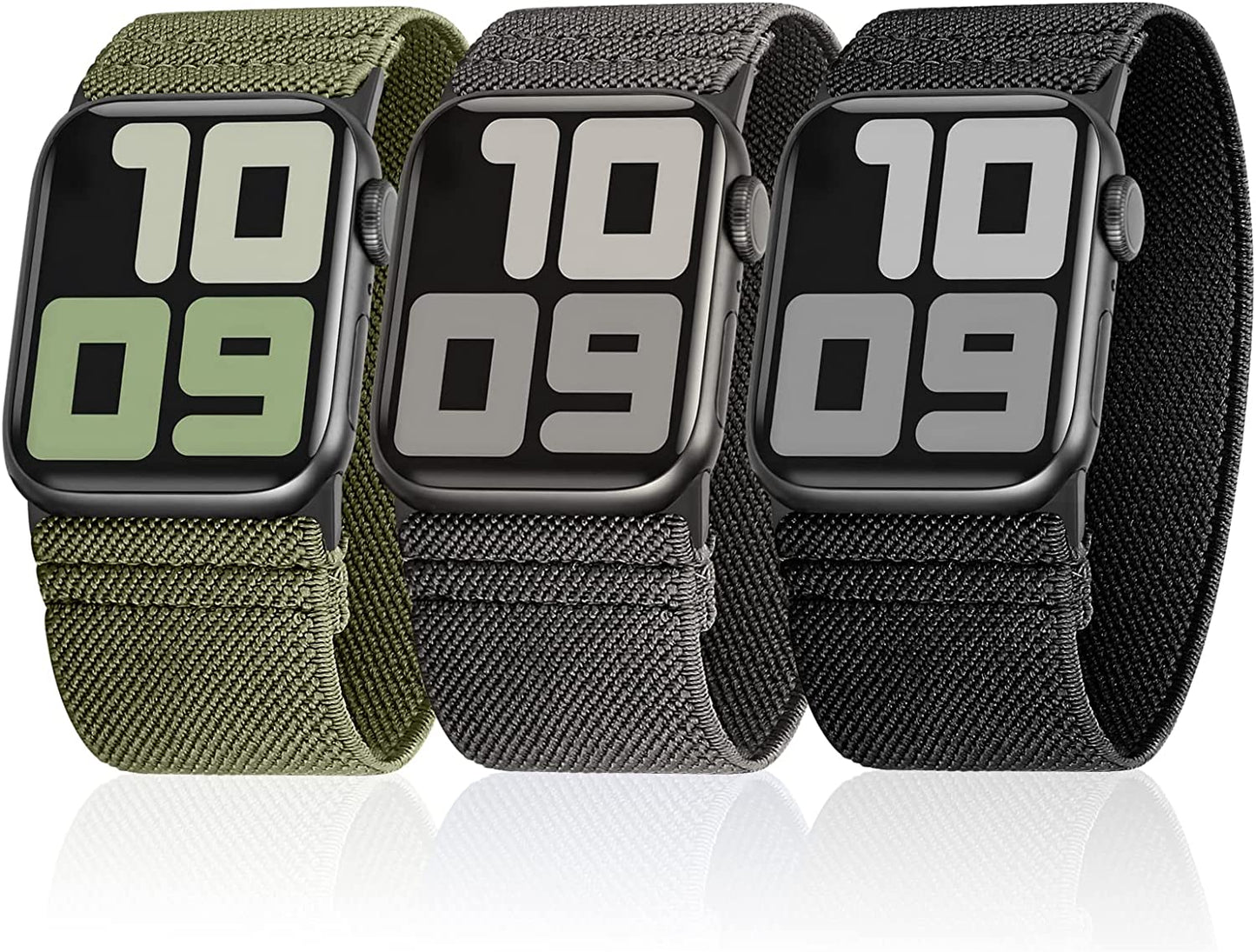 Ultra Wide Solo Loop Bands Compatible with Apple Watch Band 49Mm 38Mm 40Mm 41Mm 42Mm 44Mm 45Mm, Nylon Stretchy Braided Elastic Sport Women Men Strap for Iwatch Series Ultra 8 7 6 5 4 3 2 1 SE, 3 Packs  HPJK Black/Army Green/Dark Grey 38/40/41mm M(Wrist 6.3’’-6.9’’/160-175mm) 