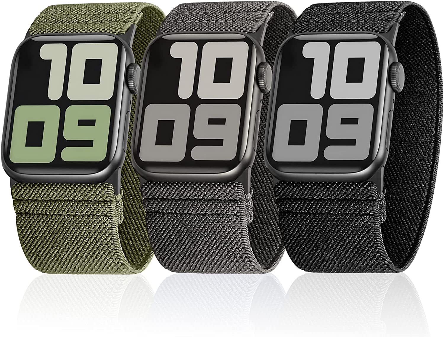 Ultra Wide Solo Loop Bands Compatible with Apple Watch Band 49Mm 38Mm 40Mm 41Mm 42Mm 44Mm 45Mm, Nylon Stretchy Braided Elastic Sport Women Men Strap for Iwatch Series Ultra 8 7 6 5 4 3 2 1 SE, 3 Packs  HPJK Black/Army Green/Dark Grey 38/40/41mm M(Wrist 6.3’’-6.9’’/160-175mm) 