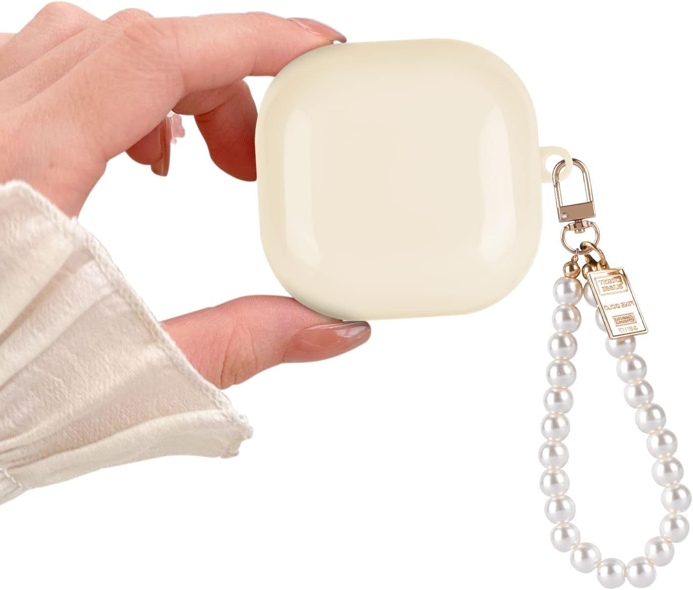 Cute Sparkle Case for Samsung Galaxy Buds 2 Pro(2022)/Galaxy Buds Pro/Buds 2/Buds Live with White Pearl Wrist Keychain for Women Girls Kids Clear Bling Glitter Protective Soft Silicone Cover  DiyGody Beige  