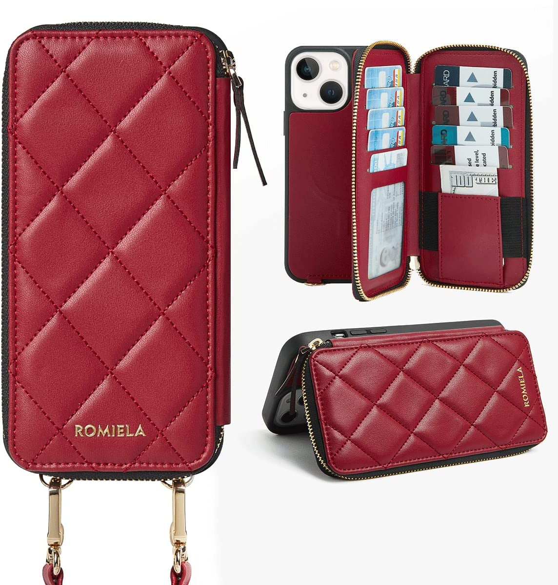 JLFCH Iphone 13 Pro Wallet Case Quilted Leather Women Flip Purse with Crossbody Strap Zipper Support Magsafe Wireless Charging RFID Blocking, ROMIELA Series Iphone 13 Pro 6.1 Inch - Apricot  JLFCH Quilted Wine-Red iPhone 13 
