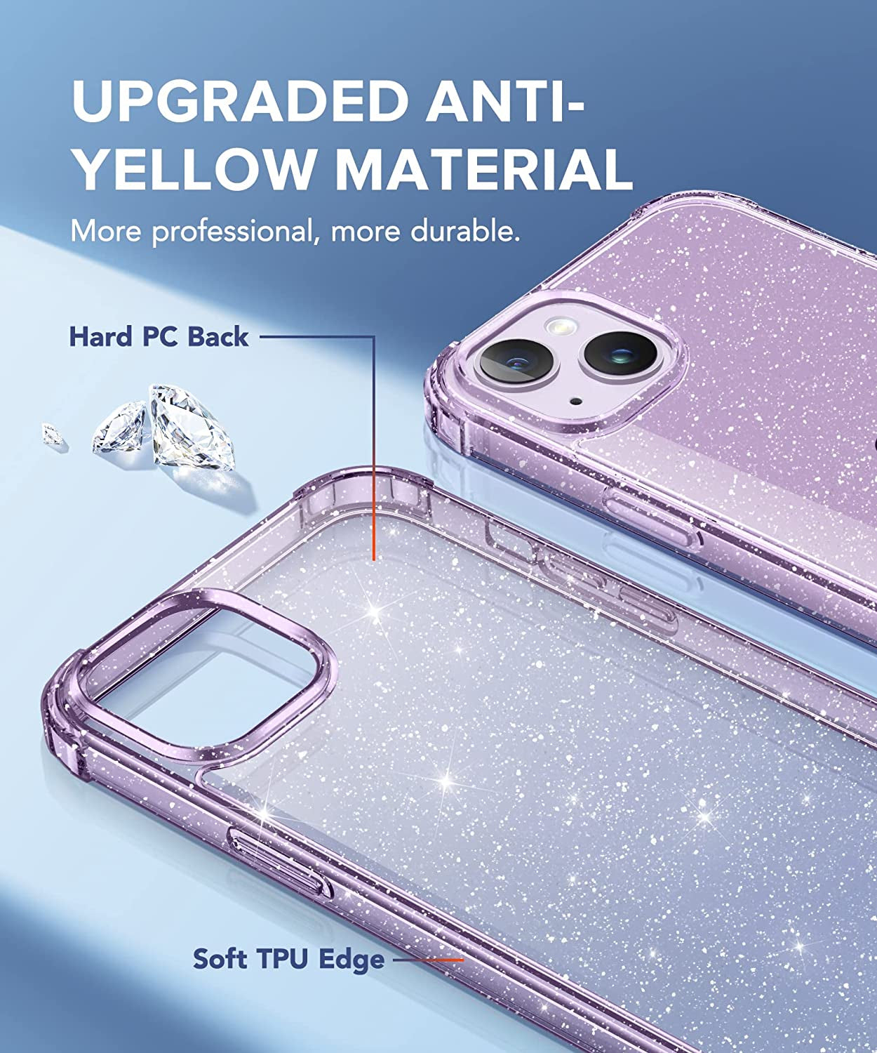 BERFY for Iphone 14 Case Glitter, with 2X Screen Protector + 2X Camera Lens Protector, [Not Yellowing] Sparkly Crystal Shockproof Hard Back Slim Protective Phone Cover for Women Girls (Clear Purple)  BERFY   