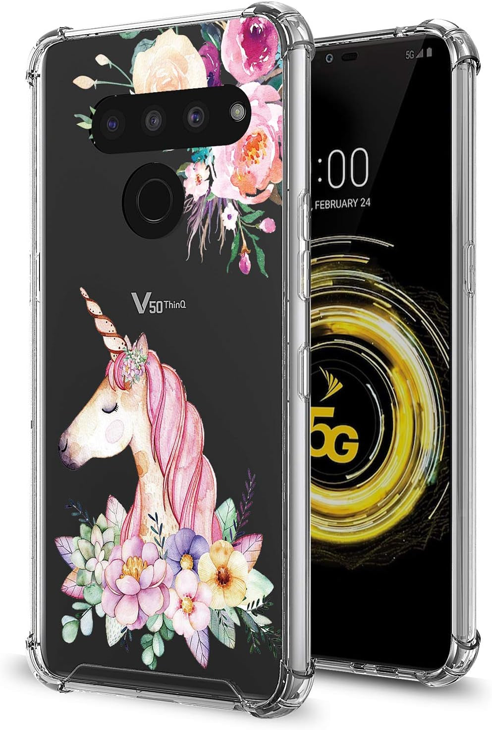 GORGCASE CASE Designed for LG V40 THINQ Slim Sleek Fit Hard PC Back Soft TPU Bumper Anti-Scratch [Shock Absorbing] Clear Fashion Pattern Full-Body Drop Protective Phone Cover for Girls Women Leaf  GORGCASE Clear Unicorn  