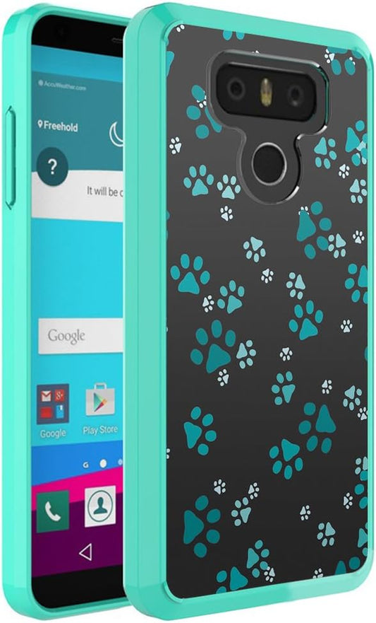 Capsule Case for LG G6 [Hybrid Slim Shockproof Heavy Duty Hard Back Shield Fused TPU Edge Bumper Cute Girly Women Case Teal Mint Green] for LG G6 - (Paw Print Green)  HRWireless   