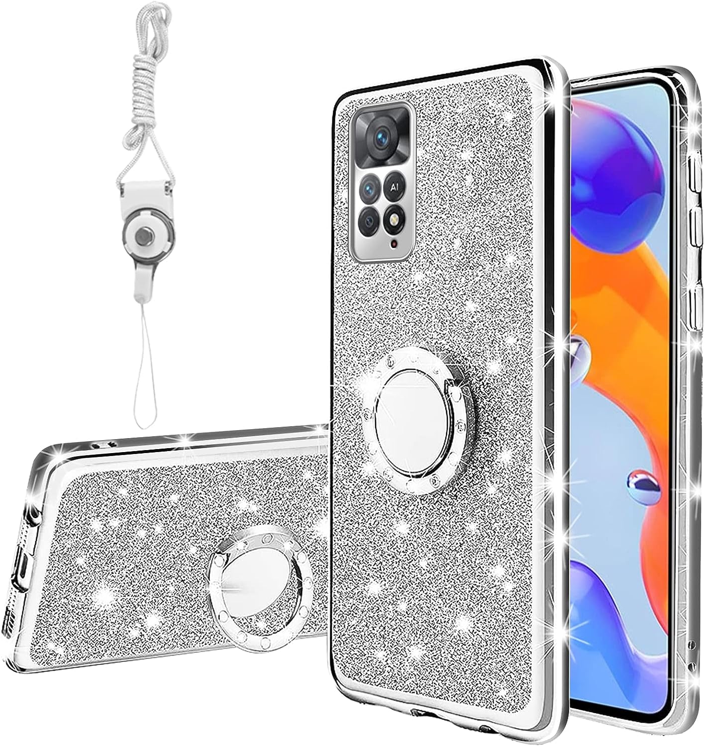 TSAYGFK for Xiaomi Redmi Note 11 Pro 5G Case for Women Glitter Crystal Soft Stylish Clear TPU Luxury Bling Cute Protective Cover with Kickstand Strap for Redmi Note 11 Pro 5G/4G (Glitter Rose)  TSAYGFK Glitter Silver  