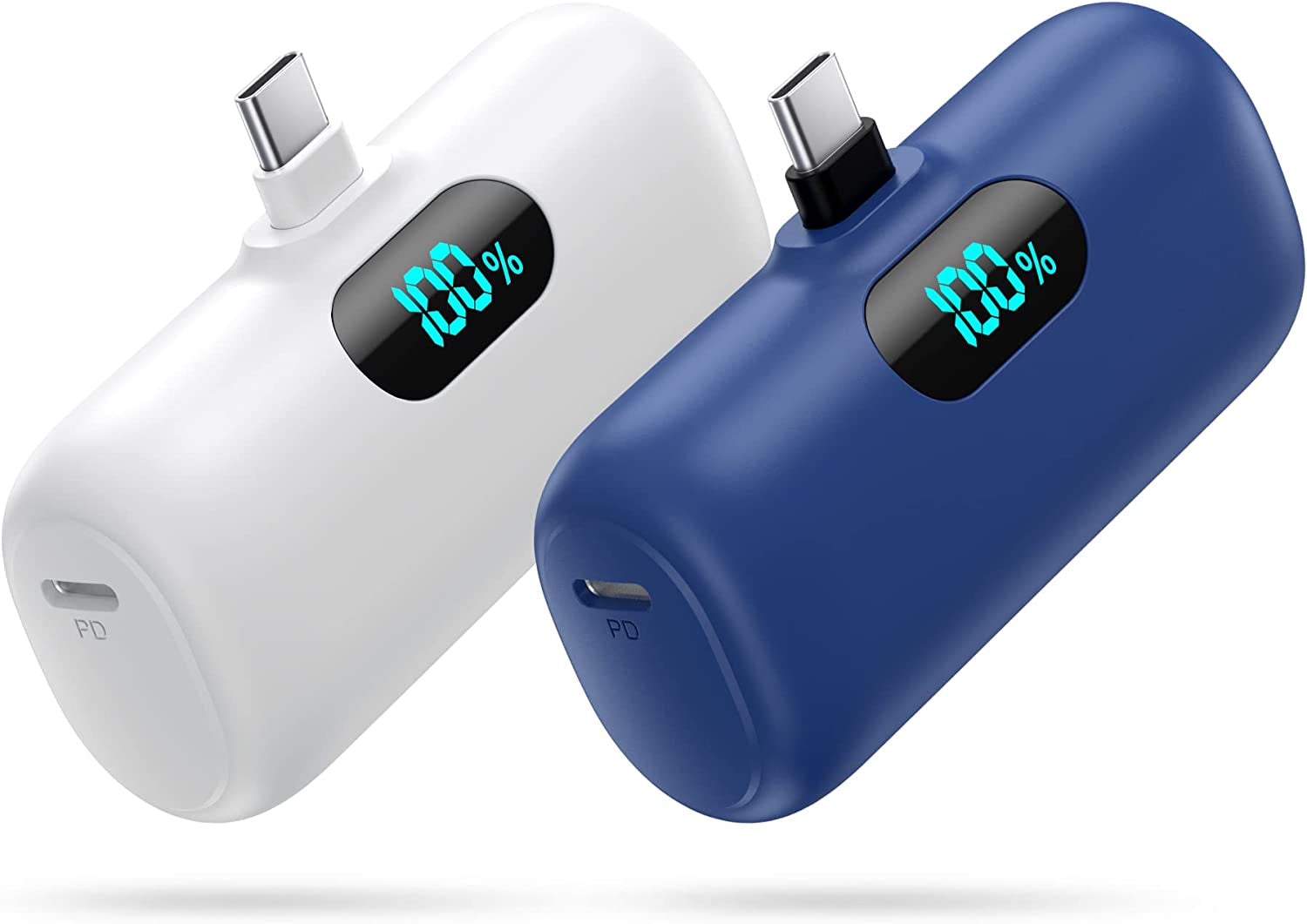 [2-Pack] Mini Portable Charger 5000Mah Power Bank, 3A PD USB C Cell Phone Portable Power, LCD Display Battery Pack Compatible with Android Phone/Samsung Galaxy S22,S21/Note/Moto/Lg/Pixel /Nexus Ect  Dongguan Yuanhaoxun Technology Co.,Ltd. white+Blue  