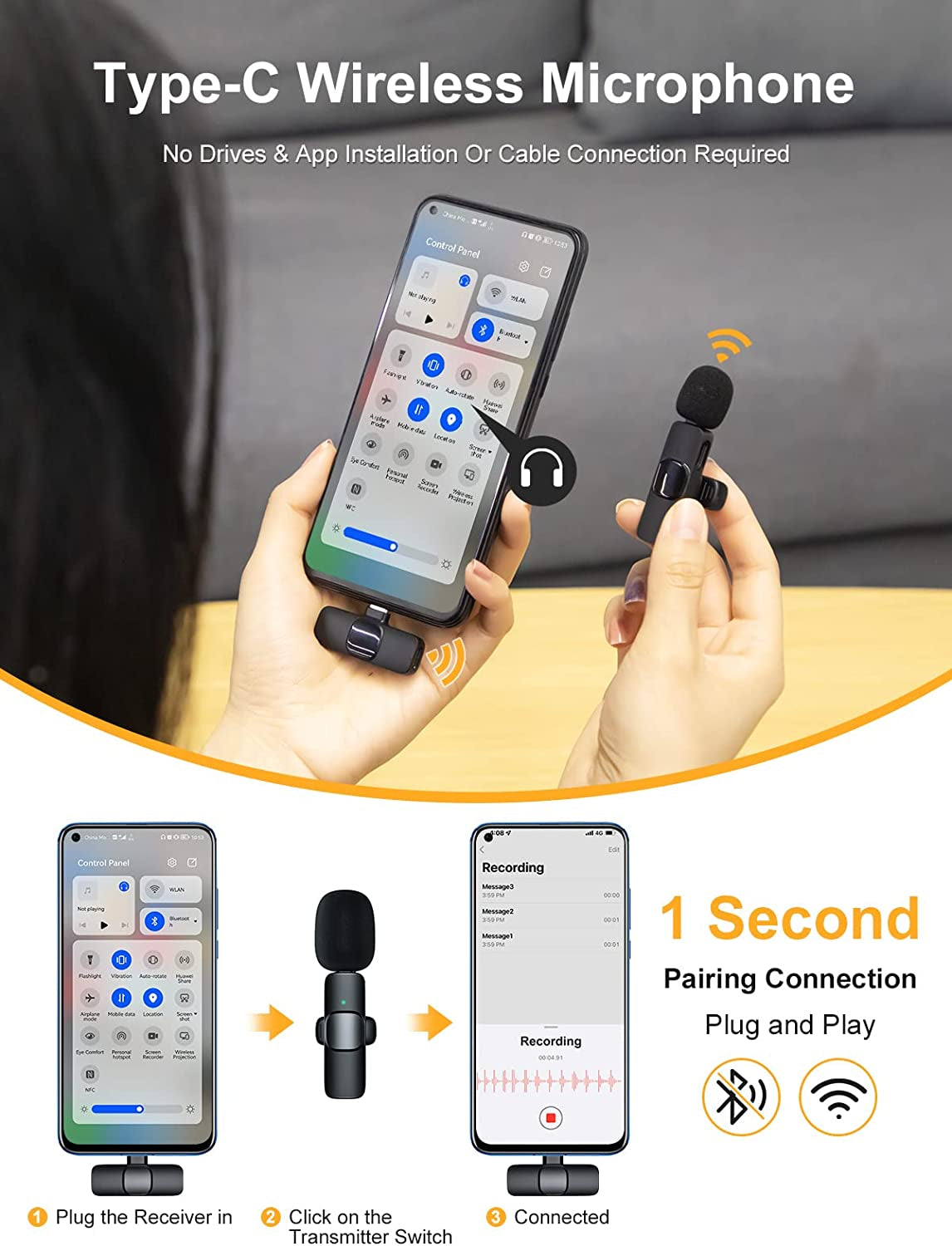 Moman Wireless USB Microphone, CP1(C) 2.4Ghz Wireless Lavalier Microphone & 1 Transmitter and 1 Receiver for Smartphones, Tablets, Laptops (Type-C)  Moman   