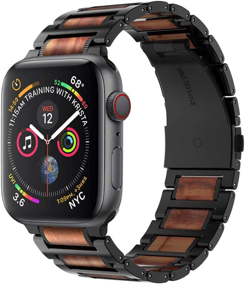 Iiteeology Compatible with Apple Watch Band 49Mm 45Mm 44Mm 42Mm, Natural Wooden Stainless Steel Link Bracelet Strap for Apple Watch Ultra & SE Series 8 7 6 Series 5 4 3 2 1 - Black  iitee   