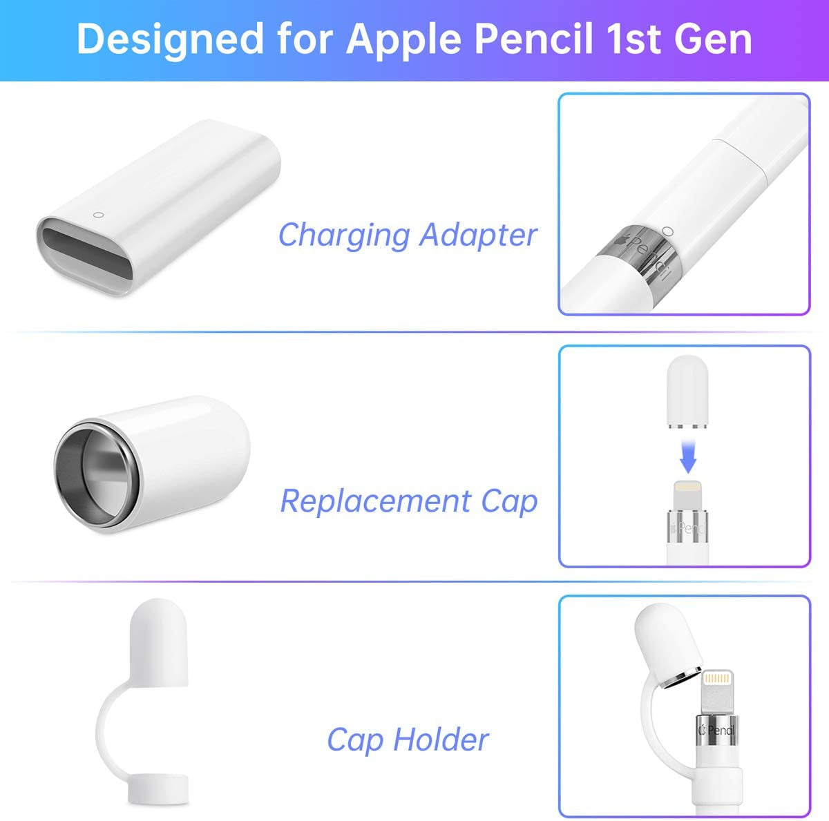 Magnetic Replacement Cap and Charger Adapter for Apple Pencil 1St Generation (With Silicone Protective Cap Holder)  Hiicopa   