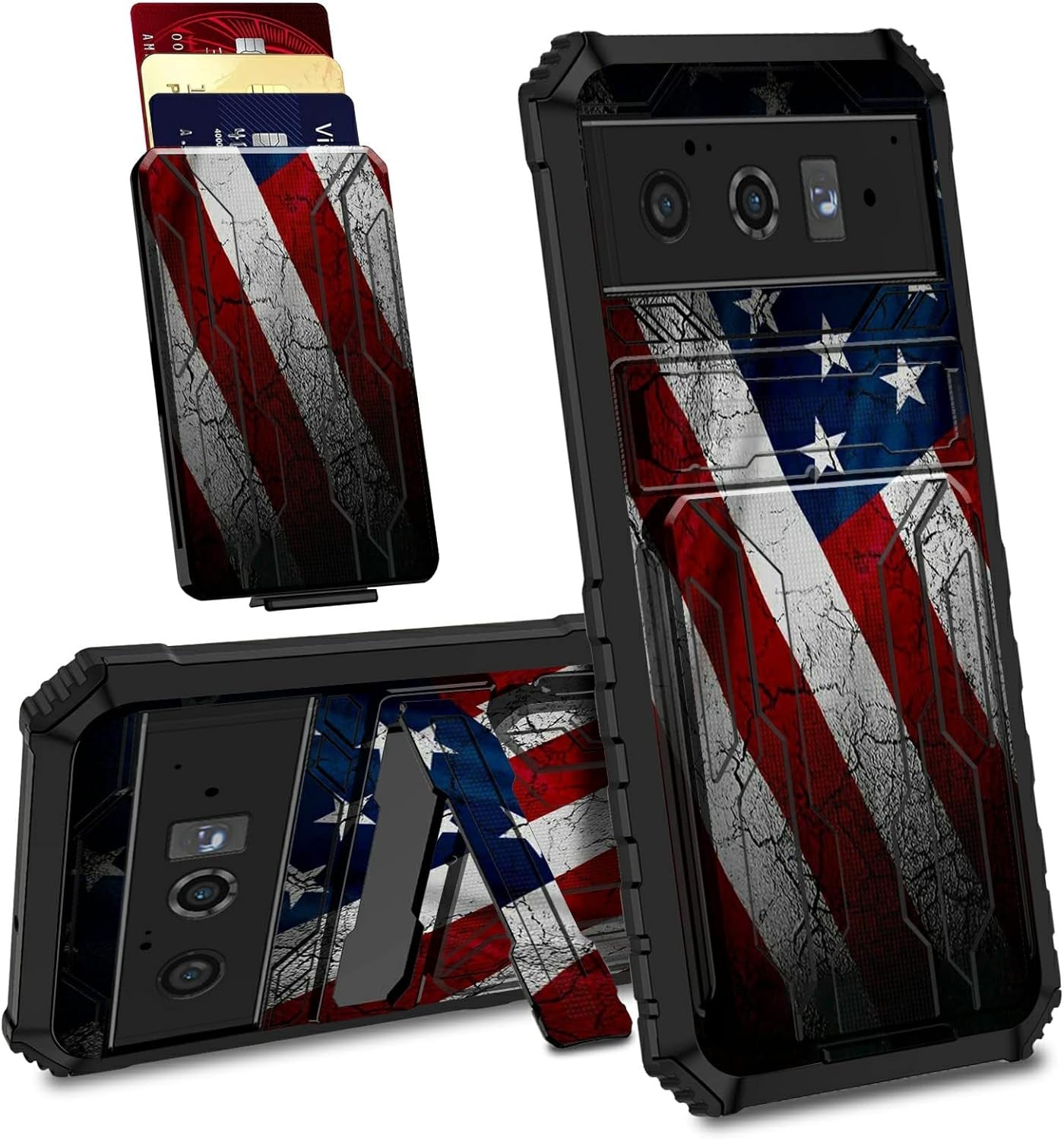 Case for Goole Pixel 6 Pro with Detachable Card Holder Slot Kickstand Hybrid Dual Layer Heavy Duty Shockproof Cover Hidden ID Cash Credit Wallet Case for Google Pixel 6 Pro 5G, Vintage American Flag  BVDIKMI   