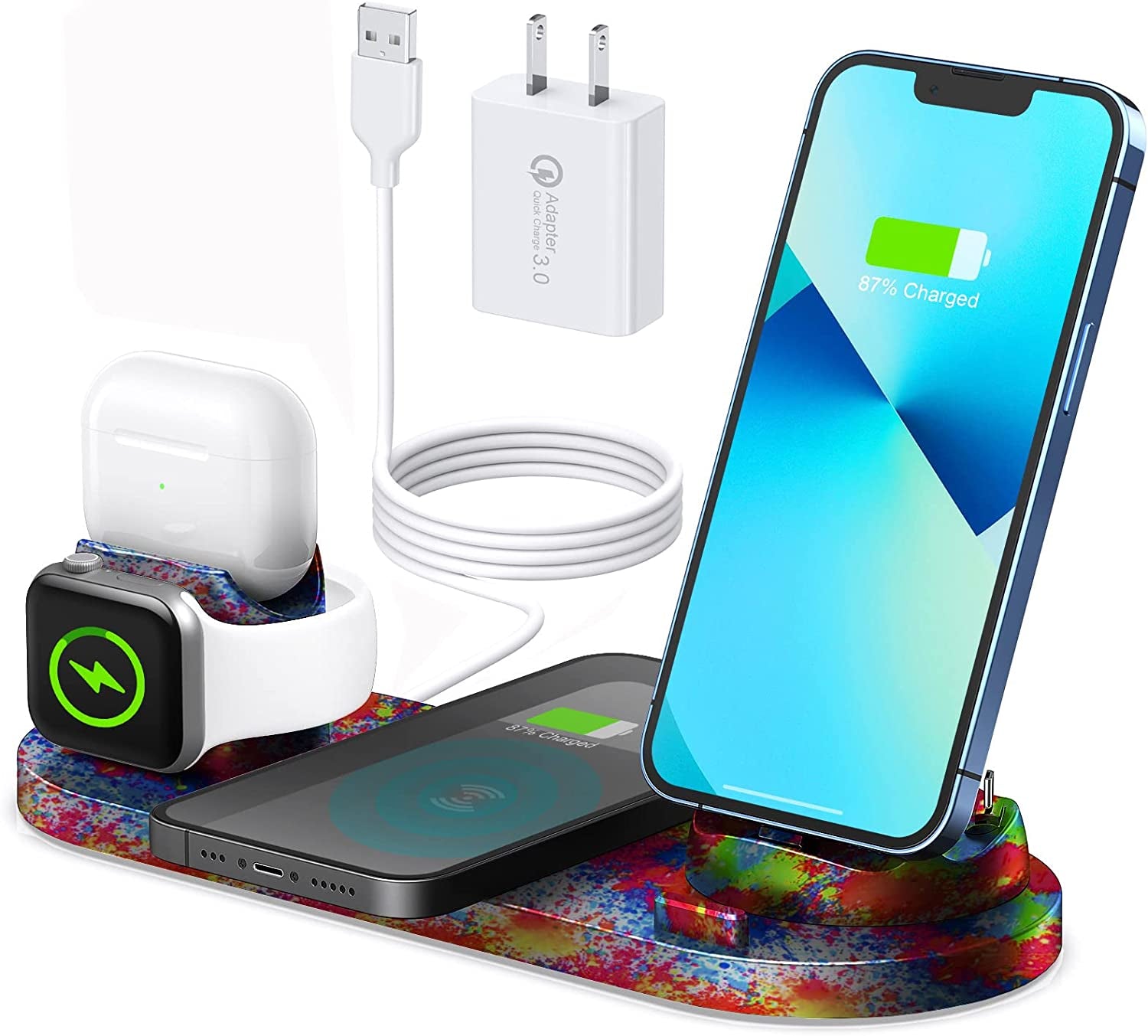 Atrden [Multi-Function Wireless Charging Station] 6 in 1, 15W Fast Wireless Charger for Iphone 14/13/12/11 Series, Iwatch 7/6/5/4/3, Airpods and Smartphones (Black)  Atrden Colourful  