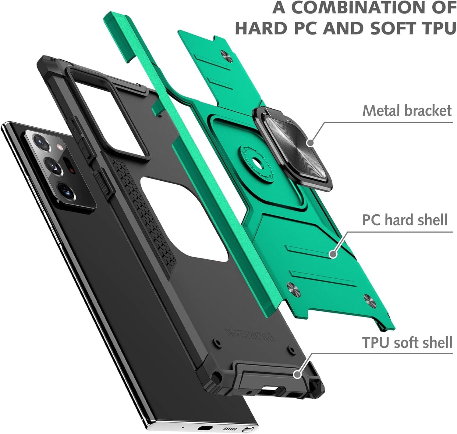 Ymhxcy Galaxy Note 20 Ultra 5G Case with 3D Curved Screen Protector, Armor Grade Case with Rotating Holder Kickstand Non-Slip Hybrid Rugged Phone Case for Samsung Note 20 Ultra-Kk Dark Green  YmhxcY   