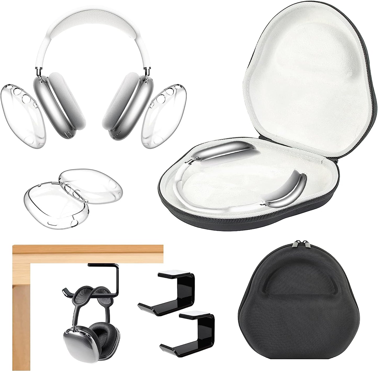 ULITIQ Compatible with Airpods Max Case Cover with Holder under Desk, Soft Case Transparent. Ultra Headphone Protective Cover for Air Pod Max Accessories, Clear (2 Cases+2 Holder)  ULITIQ 2 Clear cases+2 holders+1 big black case  