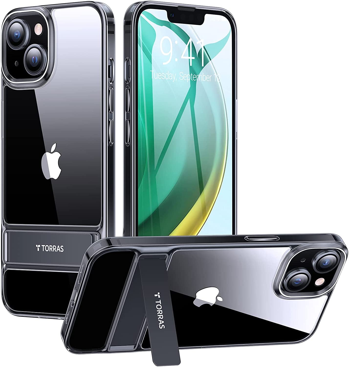 TORRAS Moonclimber for Iphone 13 Pro Max Case, [3 Stand Ways][Non-Yellowing & Military Grade Shockproof] Protective Slim Hard Clear Phone Case with Stand 6.7'' 2021, Green  TORRAS Black iPhone 14 Plus 