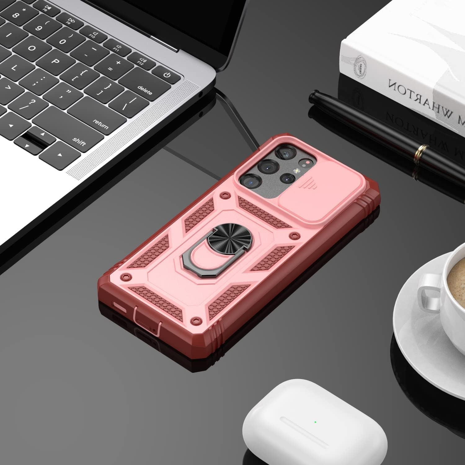 PASNEW for Samsung Galaxy S21 Ultra Case,Finger Ring Kickstand & Camera Cover Slide & Charge Port Dust Plug,Military Heavy Duty Full Body Shockproof Protective Hard Shell S21Ultra,6.8 Inch,Pink  PASNEW   