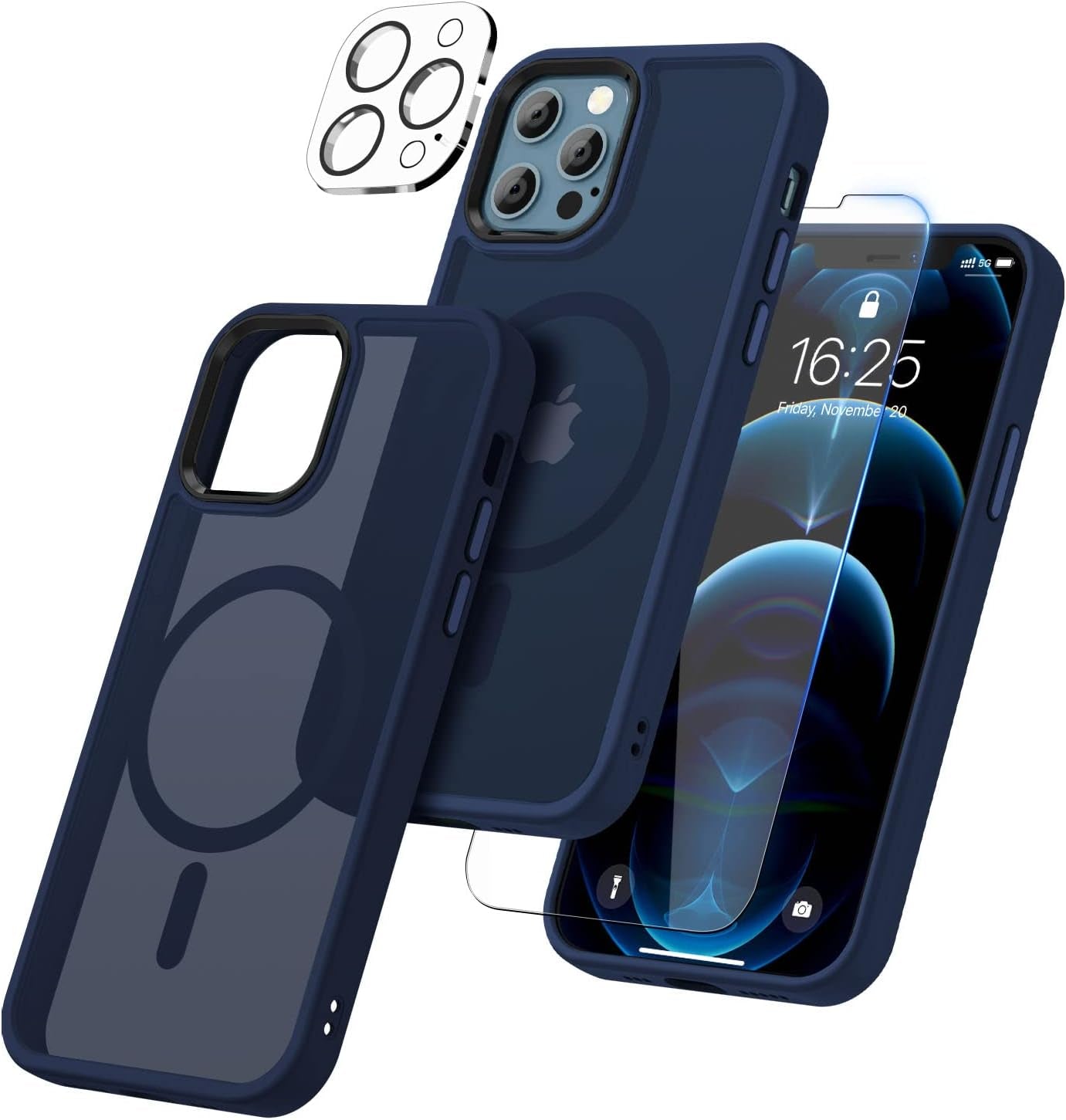 BOTOER 5 in 1 for Iphone 12 /Iphone 12 Pro Case,With 2 Pack Screen Protector + 2 Pack Camera Lens Protector, Ultra Thin Scratch Resistant Drop Mag-Safe Phone ,Blue  BOTOER   