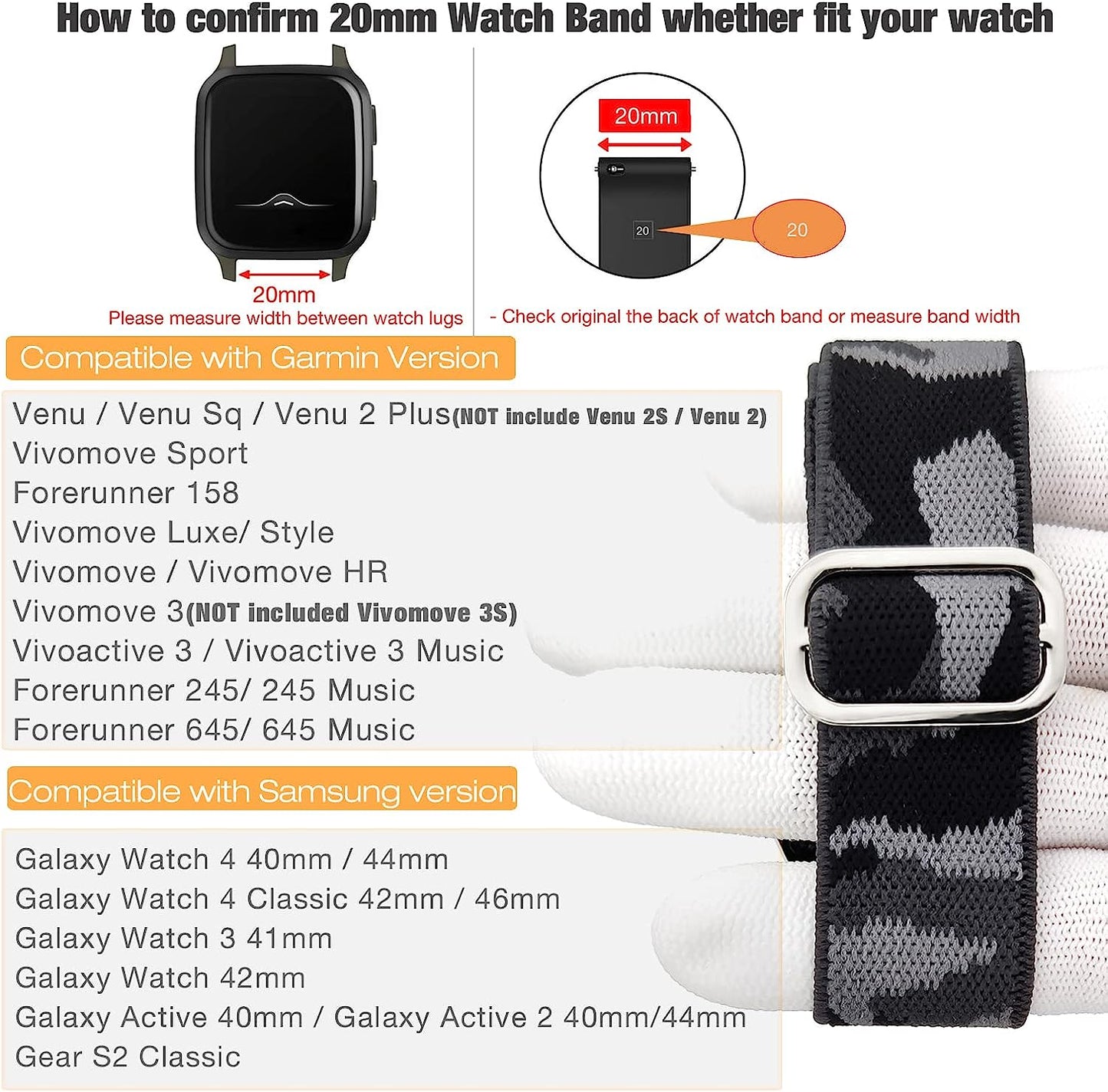 Abanen Elastic Watch Band for Garmin Venu 2 Plus/Venu Sq/Vivoactive 3, Embroidery Stretchy Loop Elastic Adjustable Wristband Strap for Samsung Galaxy Watch 4 40Mm / 44Mm  Abanen   