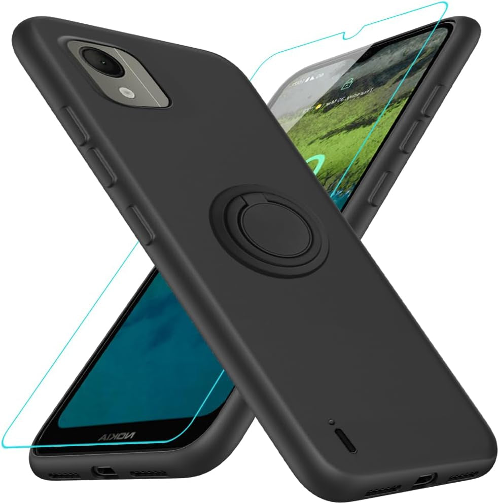For Motorola Moto G 5G 2023 Phone Case with Glass Screen Protector, 360° Rotatable Ring Holder Magnetic Kickstand/Stand Silicone TPU Shockproof Protective Cover Case for Motorola Moto G 5G - Black  Nijiadi Nokia C110 Black  