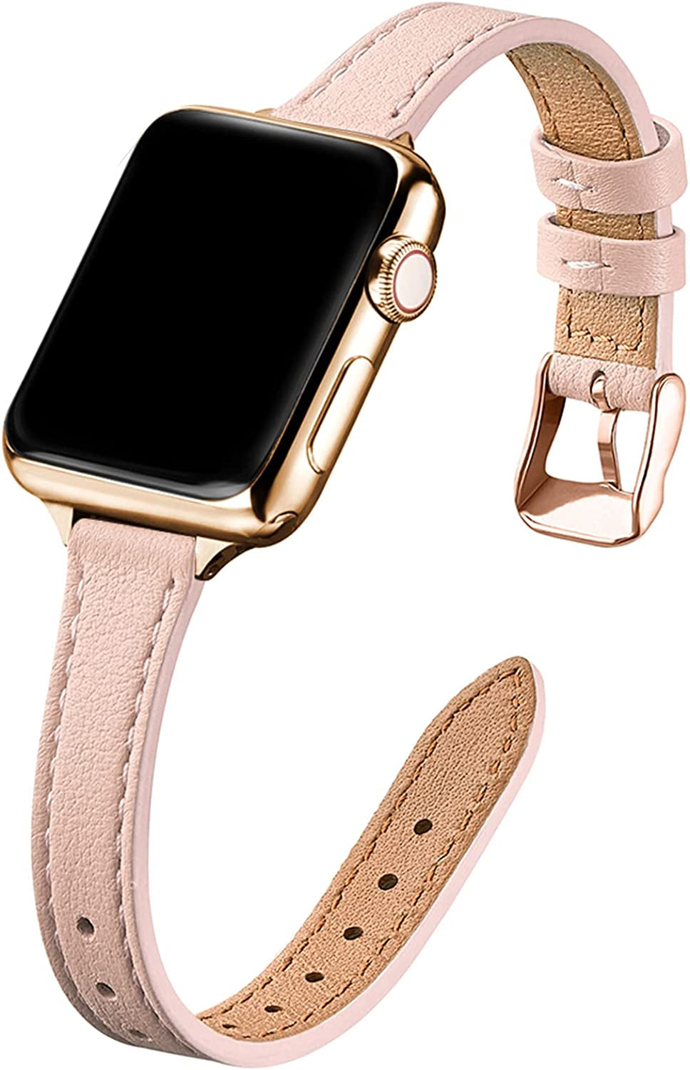 STIROLL Slim Leather Bands Compatible with Apple Watch Band 38Mm 40Mm 41Mm 42Mm 44Mm 45Mm 49Mm, Top Grain Leather Watch Thin Wristband for Iwatch Ultra SE Series 8/7/6/5/4/3/2/1  STIROLL Pale pink with Gold 38mm/40mm/41mm 