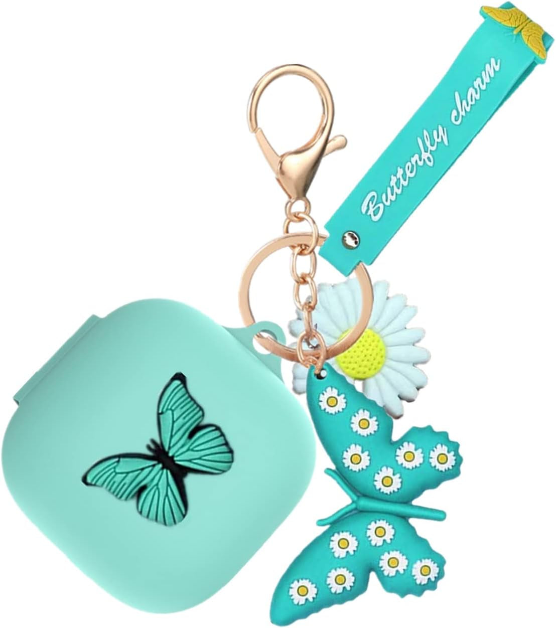 Case for Beats Fit Pro with Wristlet Keychain, Cute Cartoon Butterfly Charm Soft Silicone Charging Case with Wrist Strap Anti-Lost Cover for Beats Fit Pro X 2021/2022, Gift for Women Girl (Black)  YQGFashbf11 Green  