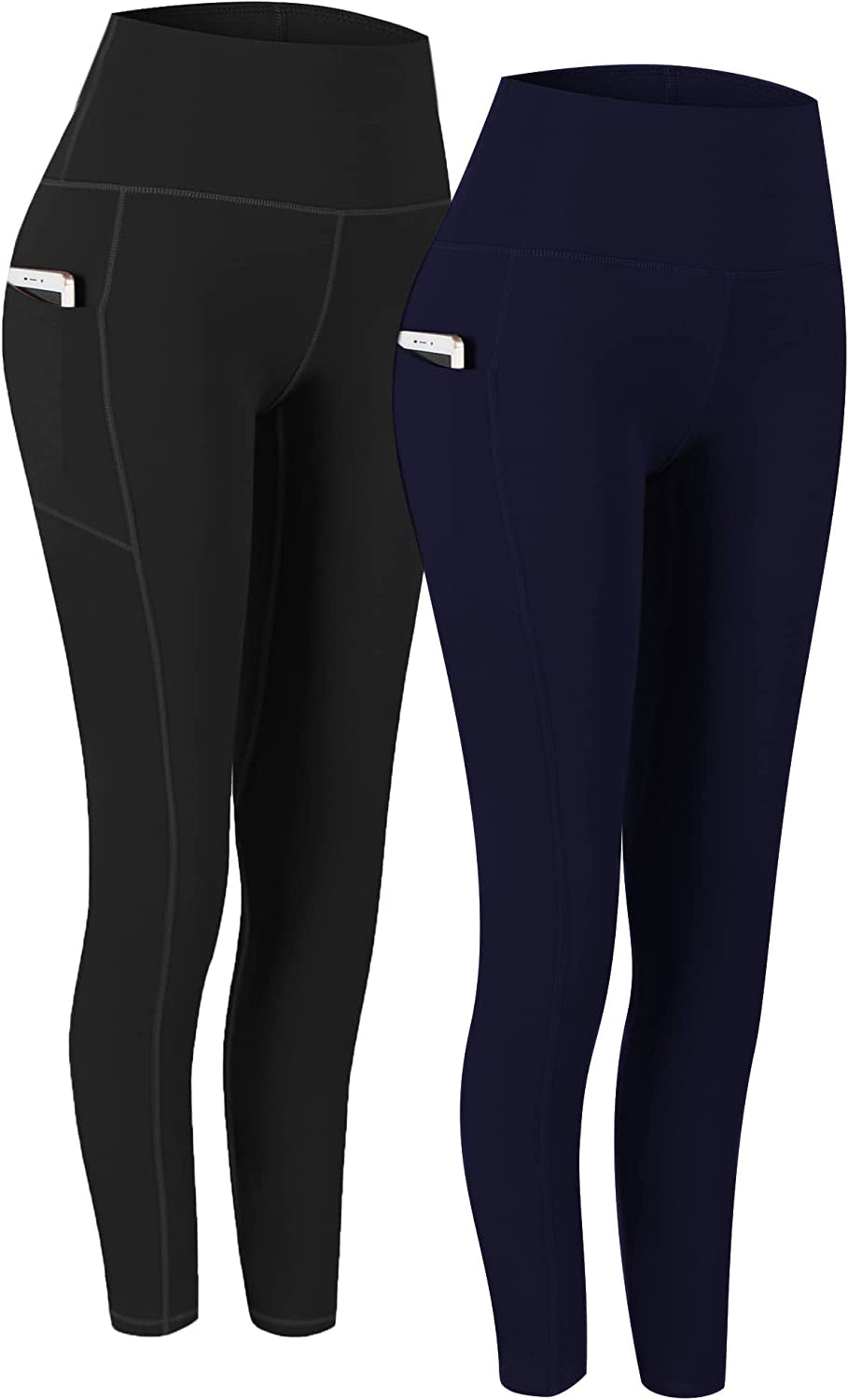 Fengbay 2 Pack High Waist Yoga Pants, Pocket Yoga Pants Tummy Control Workout Running 4 Way Stretch Yoga Leggings  Fengbay Black & Navy Blue Large 