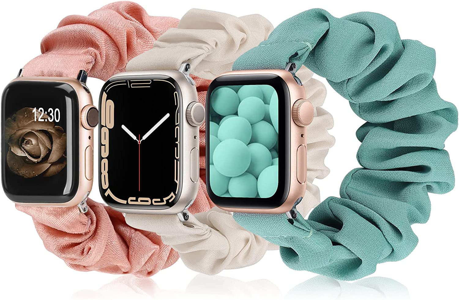 TOYOUTHS 3 Packs Compatible with Apple Watch Band Scrunchies 49Mm(Ultra)/45Mm/44Mm/42Mm Cloth Soft Pattern Printed Fabric Bracelet Women Iwatch Elastic Scrunchy Band Series SE 8 7 6 5 4 3 2 1 S/M  TOYOUTHS Green/Pink/Starlight 41/40/38mm M/L(6.0" - 6.9" Wrist) 