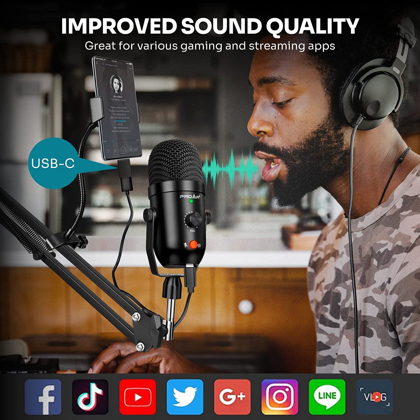 USB Microphone for PC Computer PS4 Cardioid Condenser ASMR Microphone Kit Metal Podcast Microphone for Streaming Gaming Studio Video Recording Youtube Noise Cancelling Microphone for Laptop Phone Mac  PROAR   