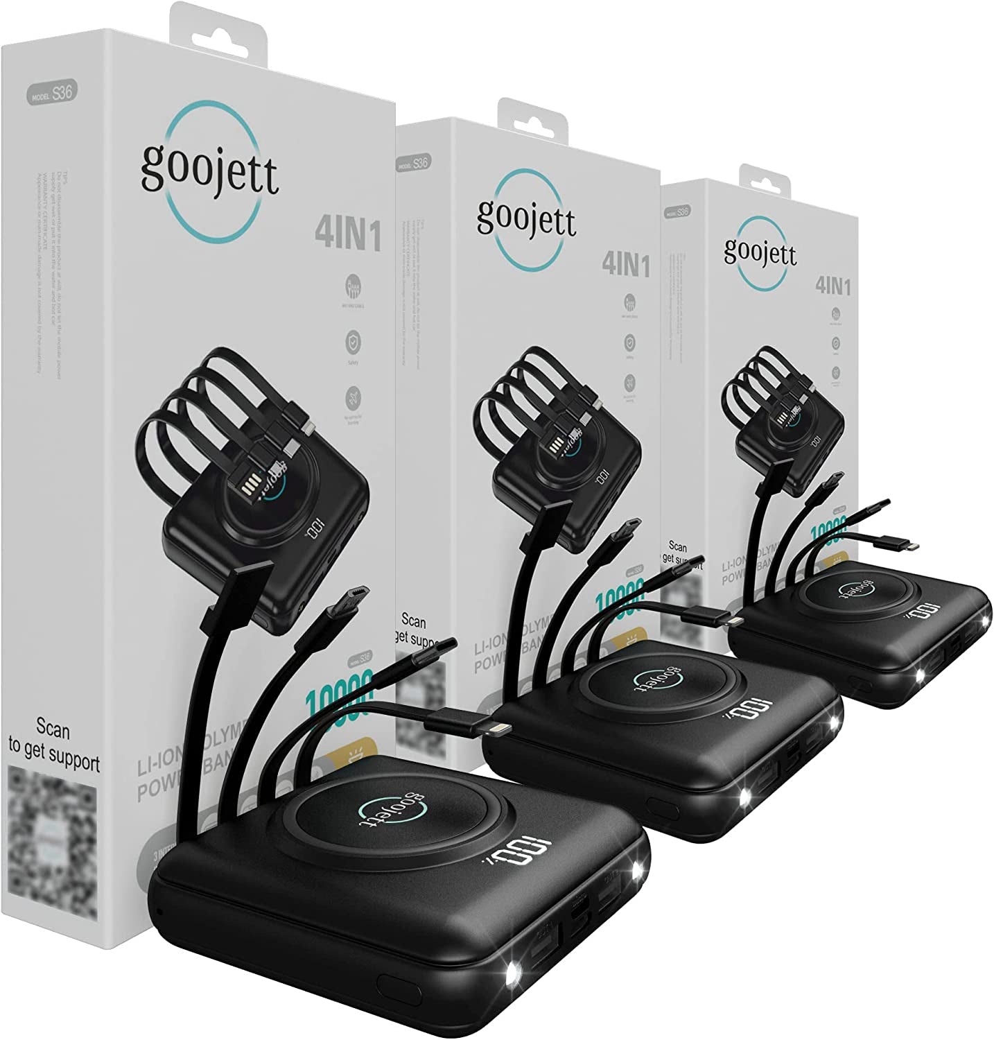 Wireless Portable Charger Power Bank 10000Mah Portable Phone Charger,Iphone Charger with Built in 4 Cable, Usb-C-Wireless Charging External Battery Pack Backup Compatible with Iphone, Samsung, Ipad 1  goojett 3  