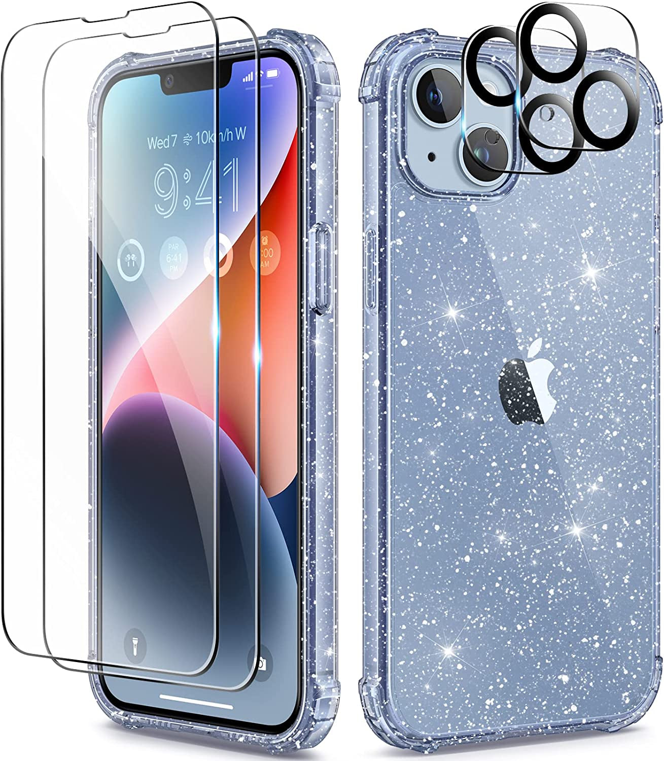 BERFY for Iphone 14 Case Glitter, with 2X Screen Protector + 2X Camera Lens Protector, [Not Yellowing] Sparkly Crystal Shockproof Hard Back Slim Protective Phone Cover for Women, 6.1" (Glitter Clear)  BERFY Clear Blue iPhone 14 6.1 inch 