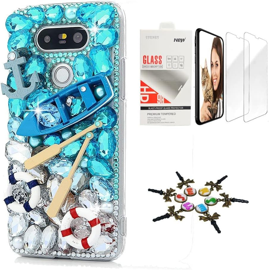 STENES Bling Case Compatible with LG V40 Thinq - Stylish - 3D Handmade [Sparkle Series] Butterfly Mermaid Design Cover with Screen Protector [2 Pack] - Colorful  STENES Boat / Blue Design For Lg K92 5G Case 