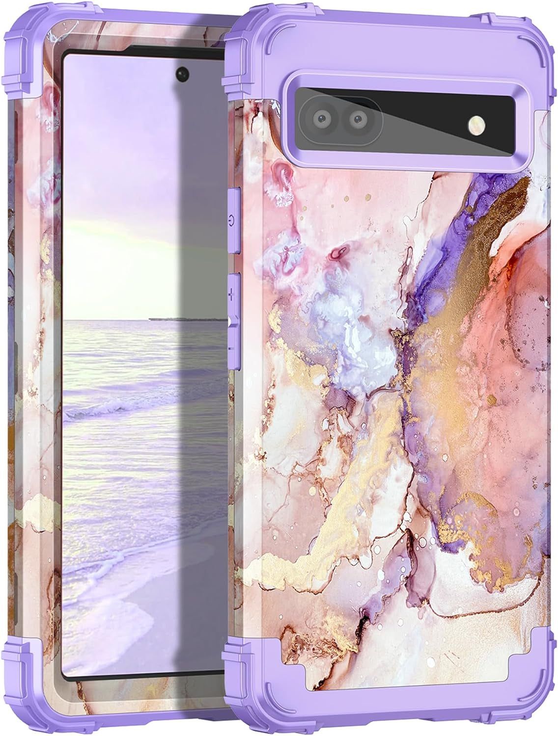 Hekodonk Google Pixel 6A Case (2022) - Heavy Duty Shockproof Hybrid Protection, Hard Plastic & Silicone Rubber, 3-In-1 Drop Protective - Blue Golden  Hekodonk Pink Purple  