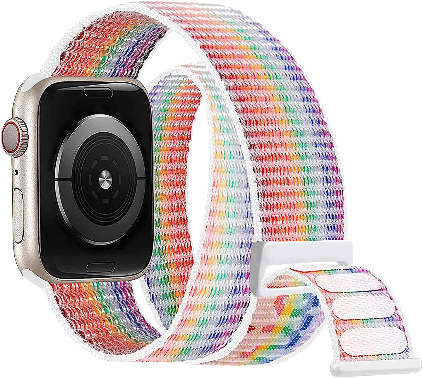 For Apple Watch Band 49Mm 45Mm 41Mm 44Mm 40Mm 42Mm 38Mm, Double Tour Nylon Sport Loop Strap Women Men Hook and Loop Fastener Bracelet for Iwatch Series Ultra 8 7 SE 6 5 4 3 2 1  SOLOLUP White Rainbow 49/45/44/42mm 