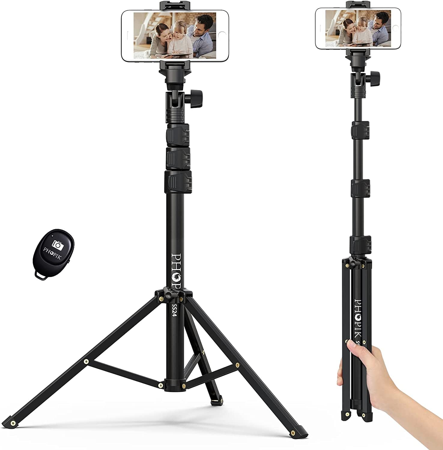 PHOPIK Phone Tripod Stand : Selfie Stick Tripod,Phone Tripod Extendable Camera & Cell Phone Tripod Stand for Iphone & Android Phone, Heavy Duty Aluminum, Lightweight  PHOPIK   