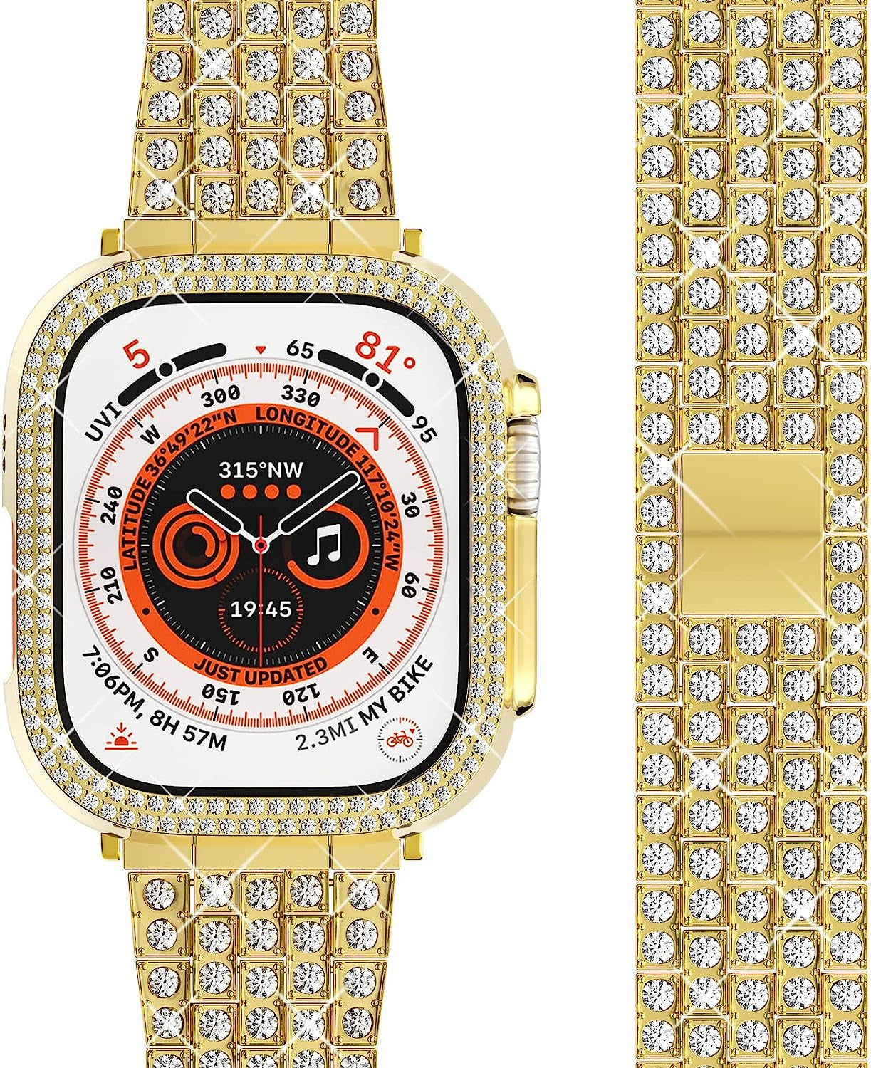 QVLANG Compatible Apple Watch Band Ultra 49Mm, Bling Series Band for Women + Diamond Rhinestone Case, Stainless Steel Metal Bracelet Strap for Iwatch Ultra (Silver, 49Mm)  QVLANG Gold 49 mm 