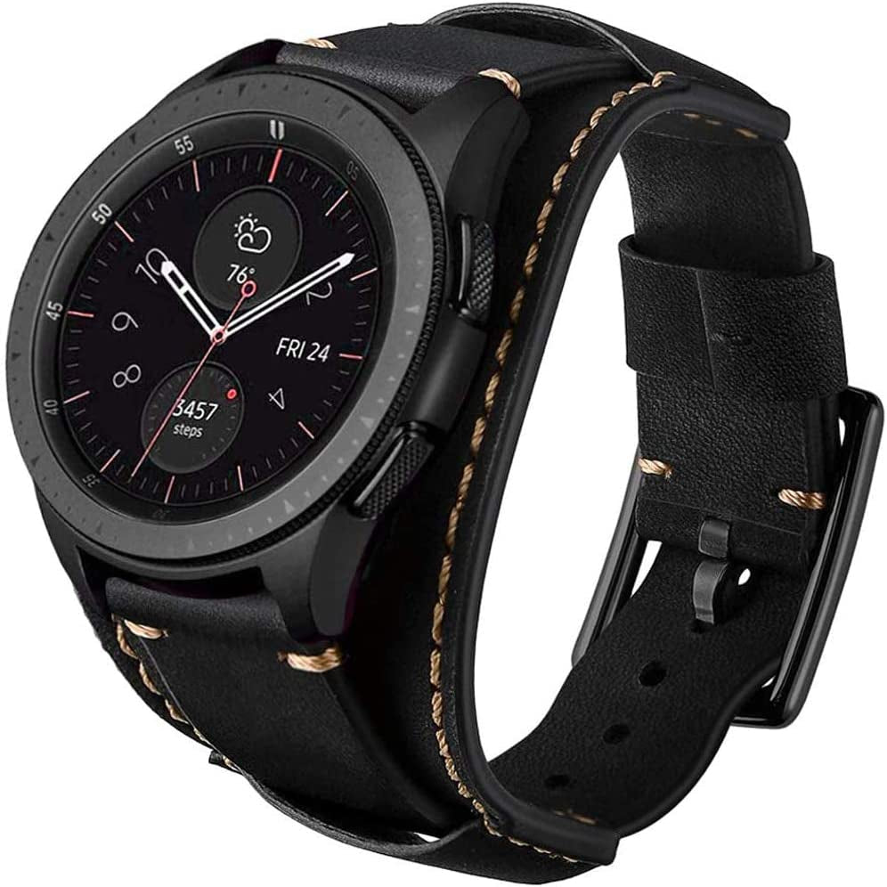 Hepsun Compatible with Samsung Galaxy Watch 5/Watch 4/Watch 42Mm/Watch 3 41Mm/Active 40Mm/Active 2/Gear S2 Classic/Sport /Fossil Q Gazer/Ticwatch 2/Garmin Vivoactive 3 Bands, 20Mm Vintage Cuff Genuine Leather Band Strap for Men Women (Black)  Hepsun   