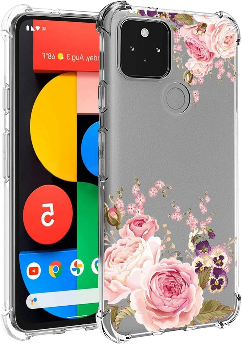 Ueokeird Phone Case for Pixel 5 Case, Google 5 GD1YQ GTT9Q Case Girls Women, Slim Shockproof Clear Floral Pattern Soft Flexible TPU Protective Cover for Google Pixel 5 (Rose Flower)  Ueokeird   