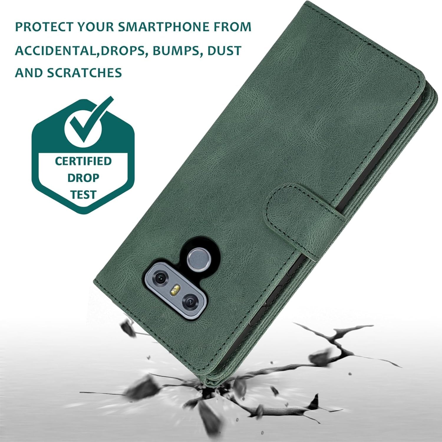 Compatible with LG G6 Wallet Case Tempered Glass Screen Protector and Zipper Leather Flip Cover Card Holder Stand Cell Accessories for LGG6 Thinq LG6 Thin Q G 6 plus G6+ 6G VS988 H872 Women Men Green  Asuwish   
