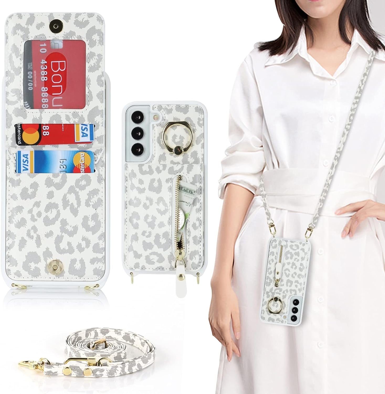 Jaorty Samsung Galaxy S22 5G Phone Case for Women with Card Holder,Samsung S22 Case Wallet Crossbody Lanyard with Strap,Credit Card Slots Kickstand Case with Ring Holder,6.1 Inch,Black  Jaorty 360 Rotation Ring Holder - White Leopard  