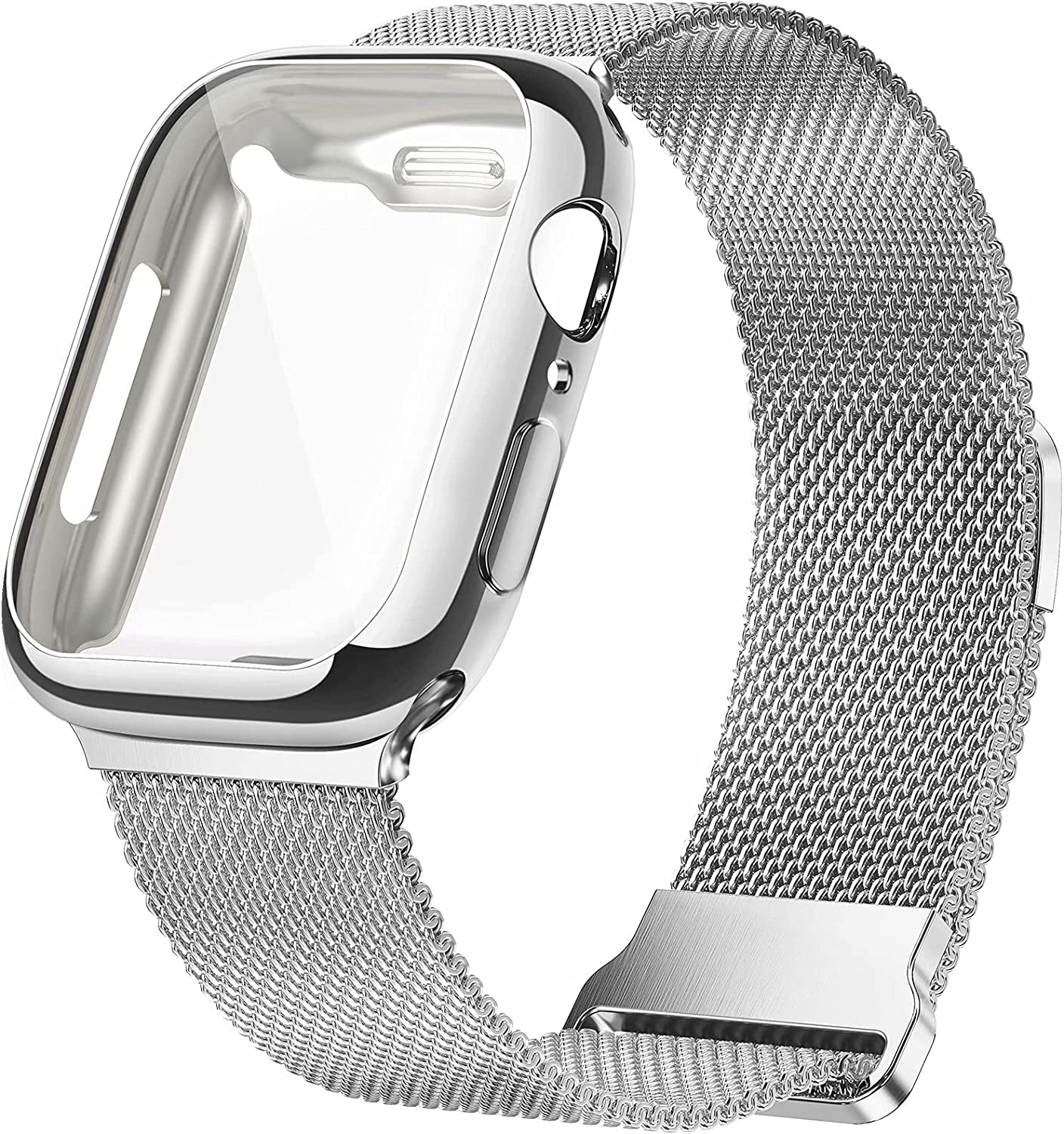 Geoumy Metal Magnetic Bands Compatible for Apple Watch Band 45Mm with Case, Stainless Steel Milanese Mesh Loop Replacement Strap Compatible with Iwatch Series 8/7/6/5/4/3/2/1 SE Women Men,Starlight  Geoumy Silver 44 mm 