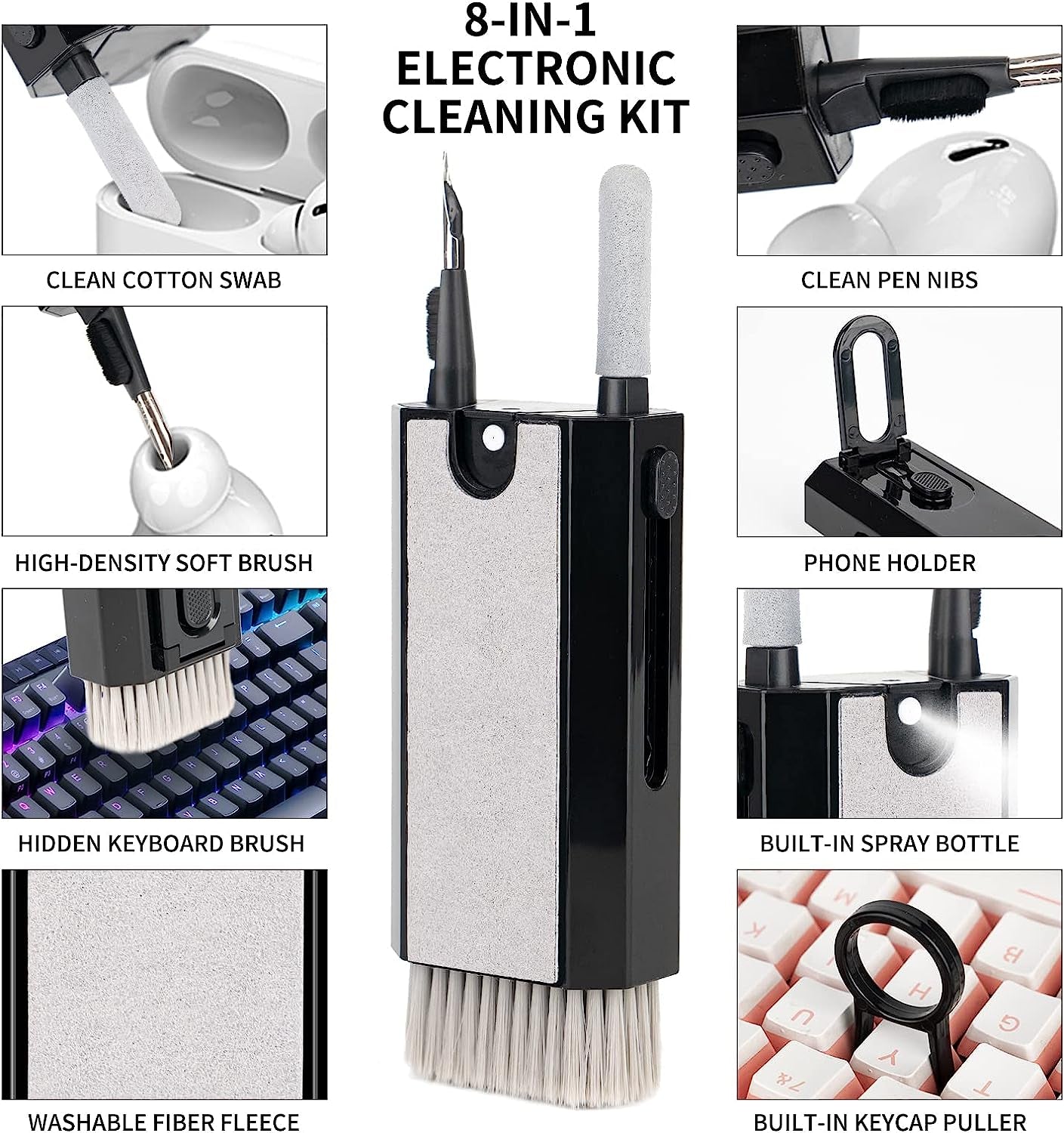 8 in 1 Cleaner Kit for Airpods Earbuds - Keyboard Cleaning Kit, Keyboard Cleaner, Laptop Screen Cleaner with Cloth, Electronic Cleaner for Airpods Pro/Laptop/Phone/Computer/Screen （Black）  FLORA GUARD   